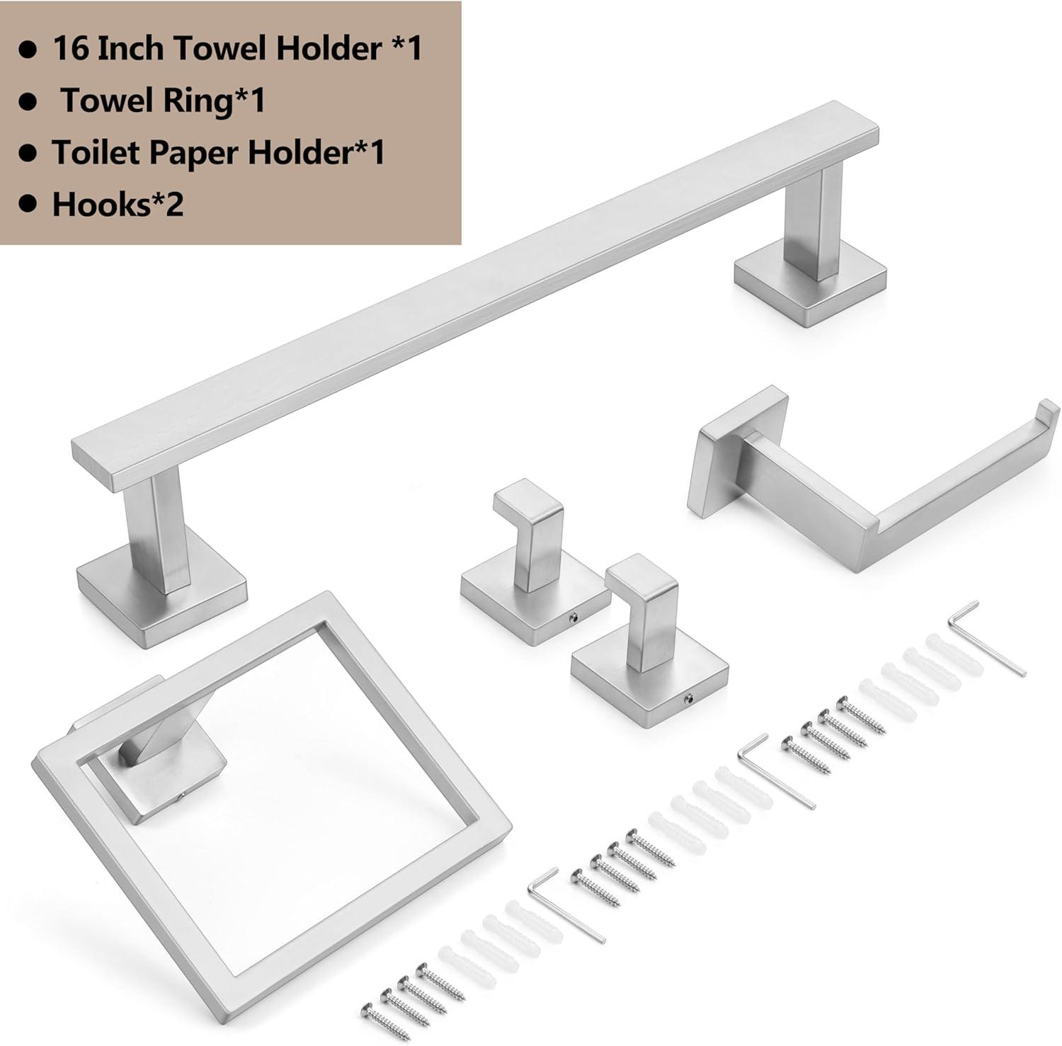 5 Pieces Brushed Nickel Bathroom Accessories Set, Homikit SUS304 Stainless Steel Wall Mounted Bath Towel Hardware Bar Set, 16 Inch Towel Rack, Toilet Paper Holder, Towel Ring, Hooks