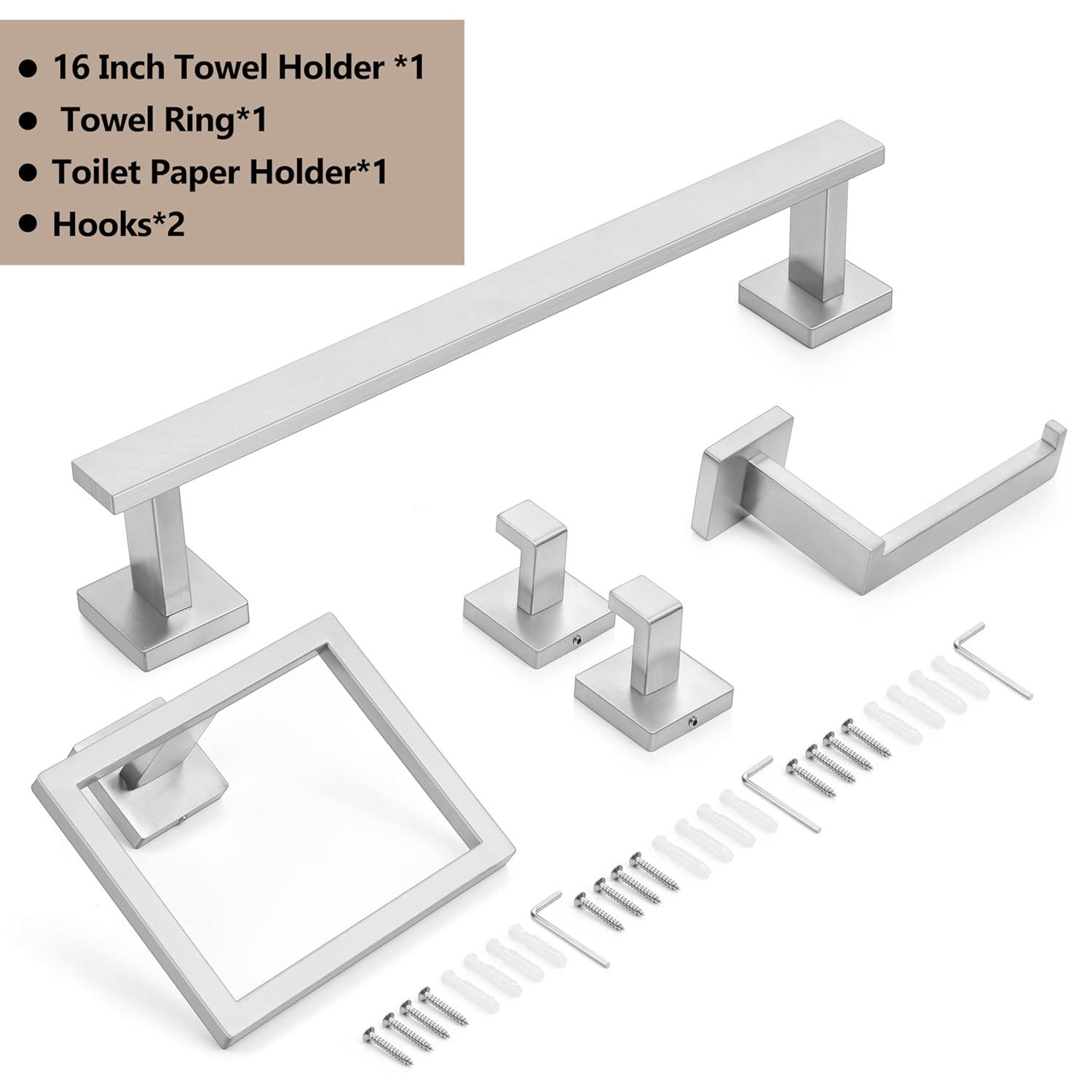 5 Pieces Brushed Nickel Bathroom Accessories Set, Homikit SUS304 Stainless Steel Wall Mounted Bath Towel Hardware Bar Set, 16 Inch Towel Rack, Toilet Paper Holder, Towel Ring, Hooks
