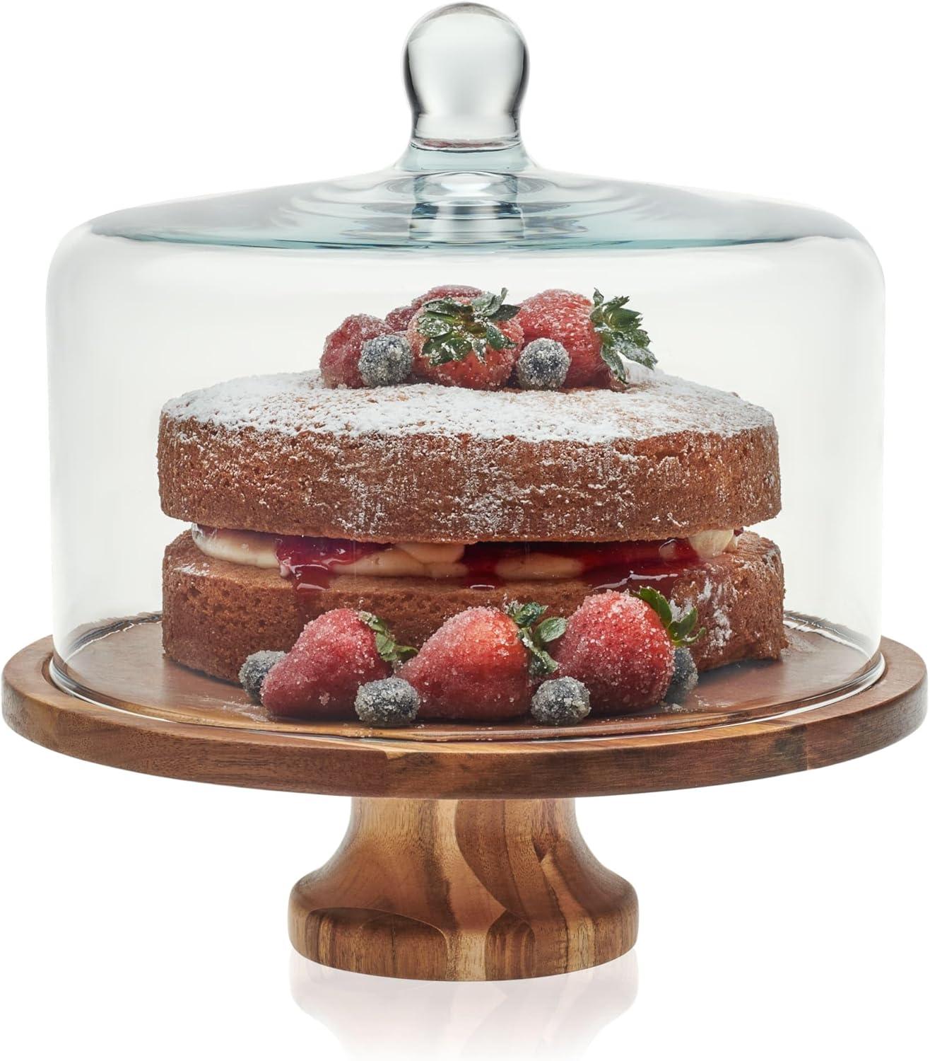 Libbey Acacia Wood Cake Stand with Lid, Footed Round Cake Container, Ball Top Handle Covered Cake Stand, Durable Glass Dome Cover