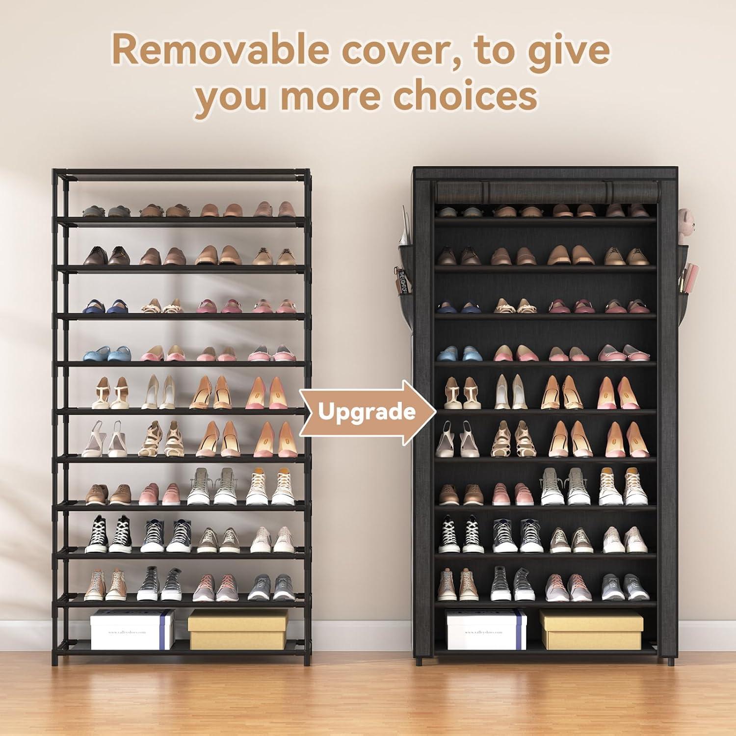 Tall Black Fabric and Metal 10-Tier Stackable Shoe Rack