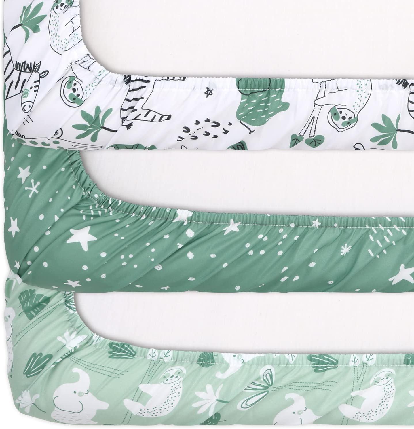 The Peanutshell Mini Crib Sheet Set - 3 Pack - Multiuse for Pack & Play, Playard, Playpen, Mini Crib - Green Safari Animals