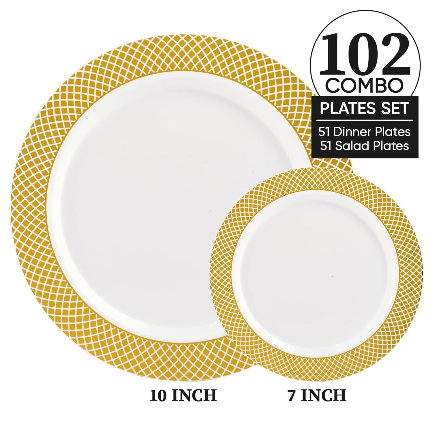FOCUSLINE Gold Plastic Plates Set of 102, Disposable Plates with Gold Grid Rim 51 Dinner Plates 10" and 51 Salad Dessert Appetizer Plates 7", Elegant Fancy Heavy Duty Wedding Party Plates