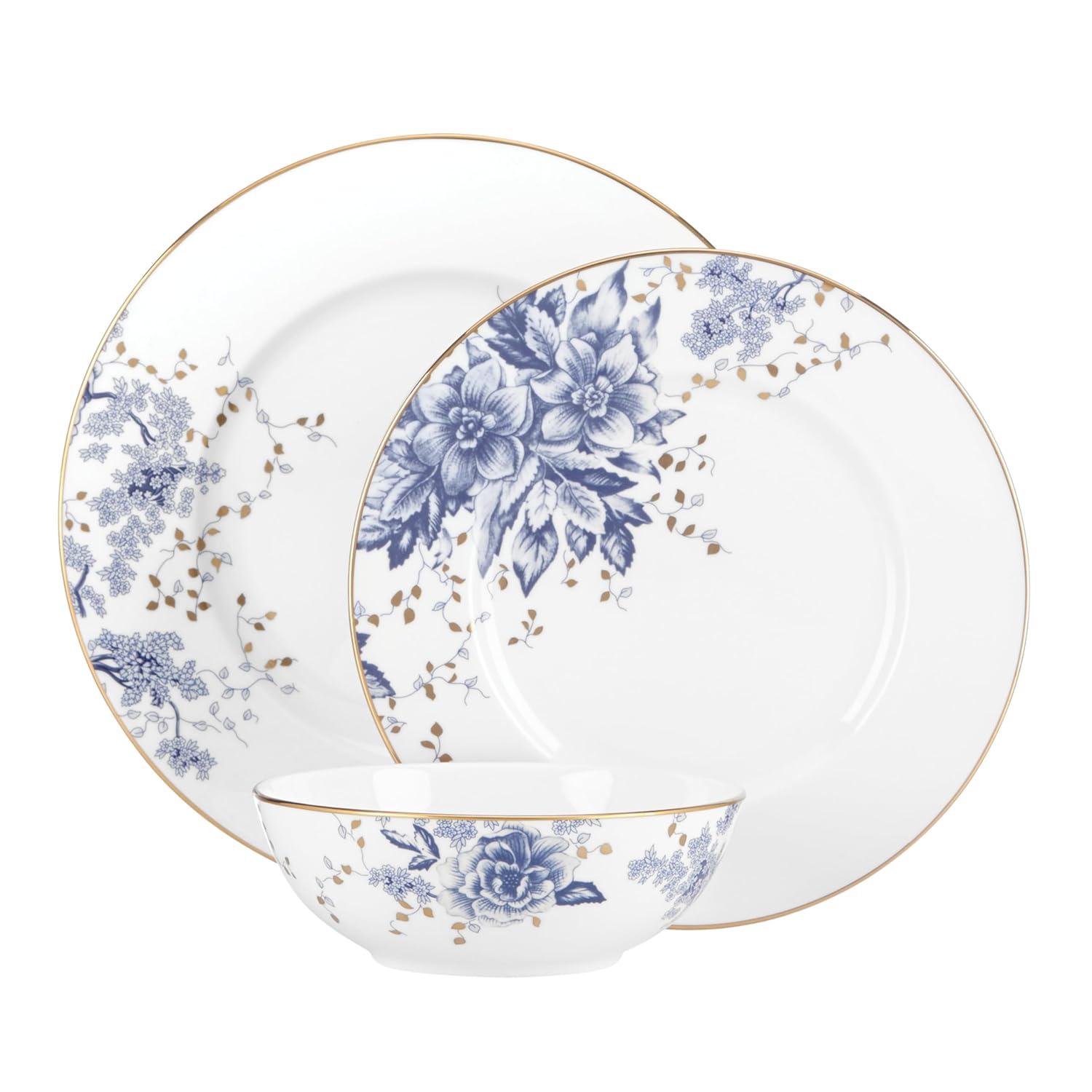 Blue and White Porcelain Salad Plates with Gold Trim, Set of Three