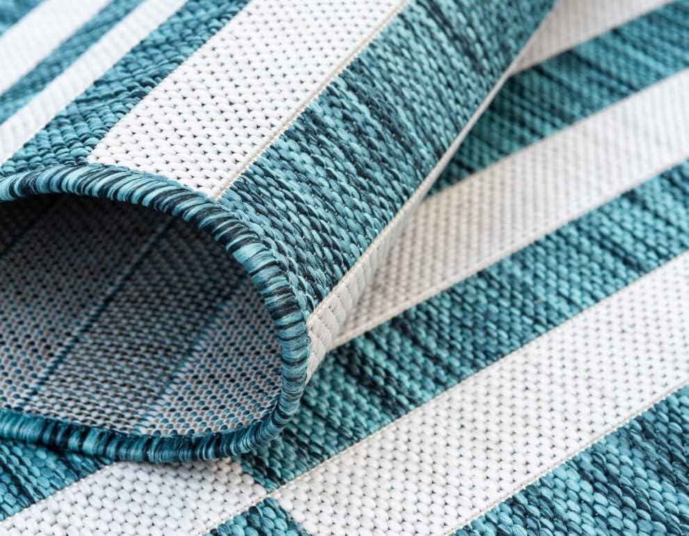 Unique Loom Outdoor Striped Collection Area Rug - Striped (5' 1" x 8' Rectangle Teal/Ivory)