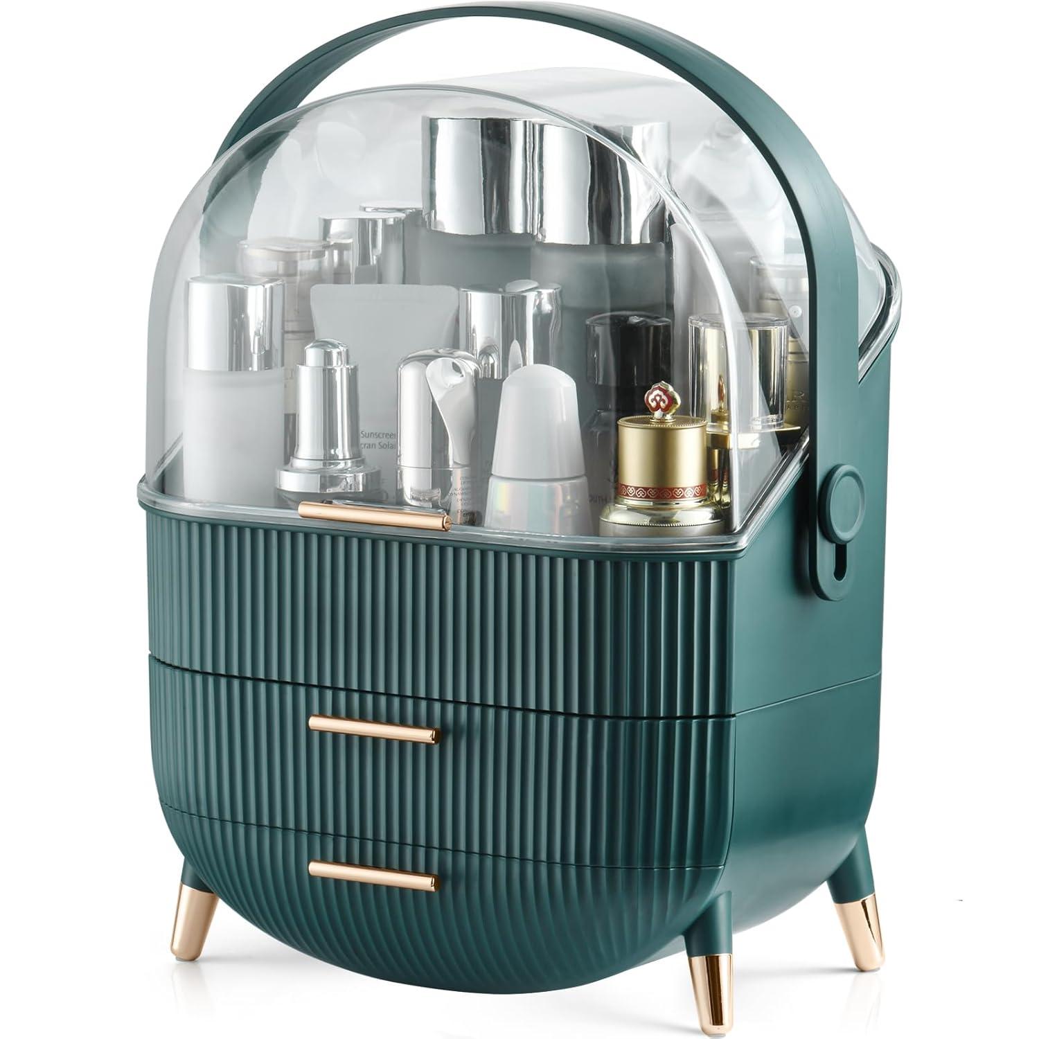 Make up Organizers and Storage, Makeup Organizer for Vanity, Cosmetics Skincare Organizers with Lid and Drawers, Cosmetic Display Cases for Countertop, Bathroom, Ideal Gifts for Women(Light Green)