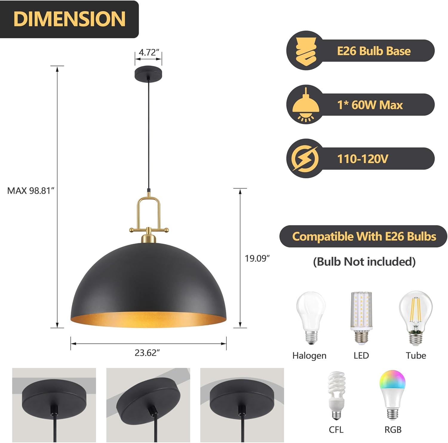 Everly Quinn 17.7" Farmhouse Vintage Black And Gold Pendant Light - Dome Chandelier For Kitchen Island, Dining Room, Hallway