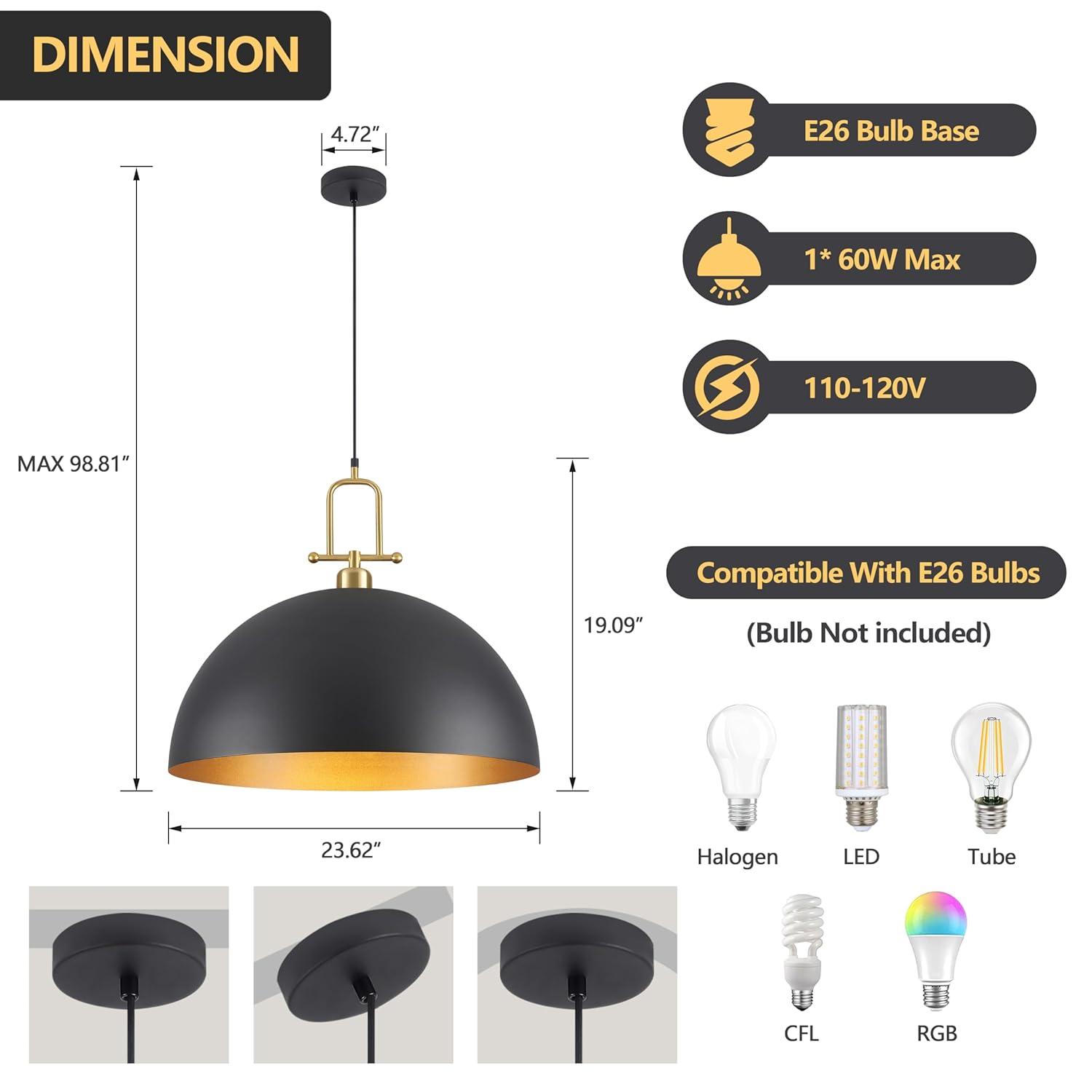 Everly Quinn 17.7" Farmhouse Vintage Black And Gold Pendant Light - Dome Chandelier For Kitchen Island, Dining Room, Hallway