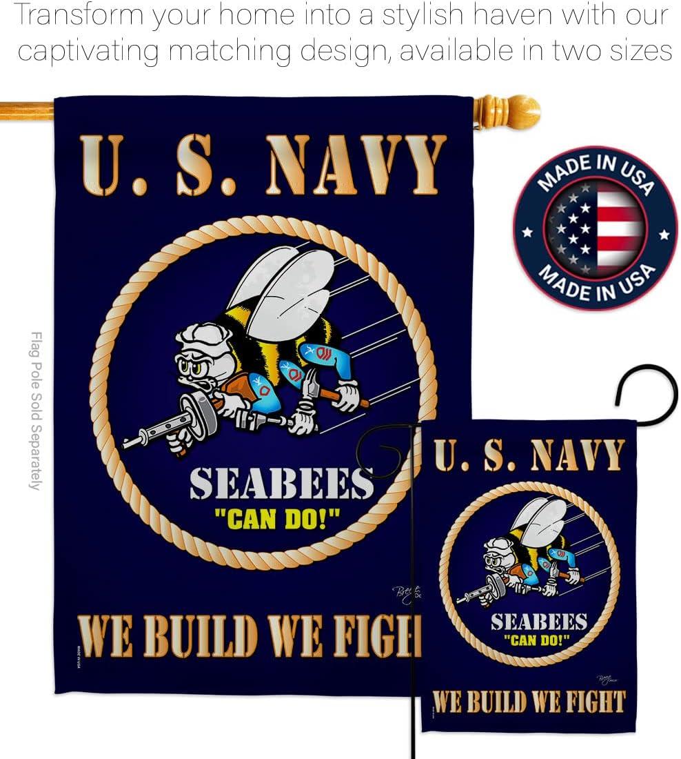 Breeze Decor Sea Bees House Flag - Armed Forces Navy USN Seabee United State American Military Veteran Retire Official - Decoration Banner Small Garden Yard Gift Double-Sided Made in USA 28 X 40