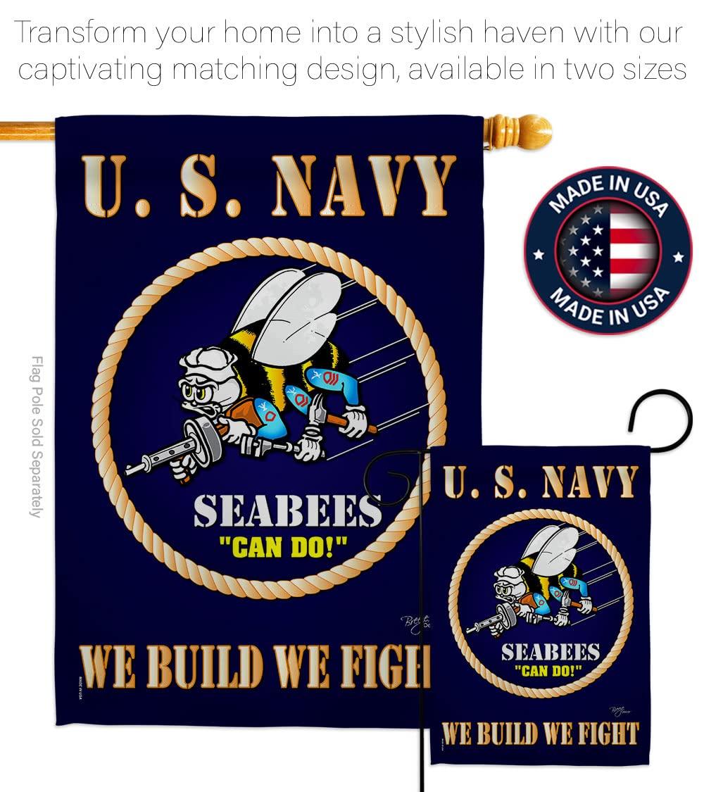 Breeze Decor Sea Bees House Flag - Armed Forces Navy USN Seabee United State American Military Veteran Retire Official - Decoration Banner Small Garden Yard Gift Double-Sided Made in USA 28 X 40