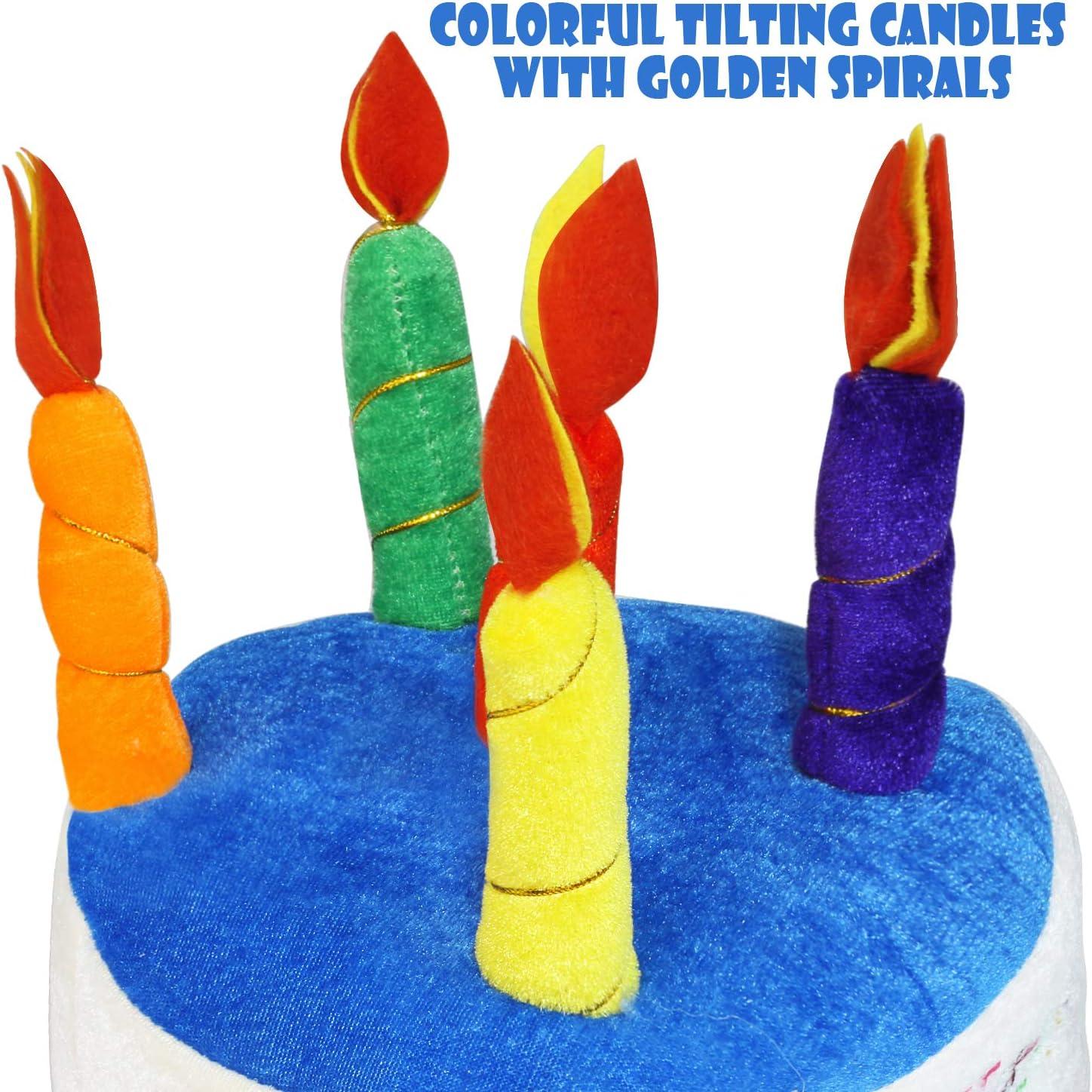 Novelty Place Plush Happy Birthday Cake Hat - Unisex Adult Size Fancy Dress Party Hats - Perfect as Party Favors, Costume Accessories - Cake & 5 Multicolor Candles