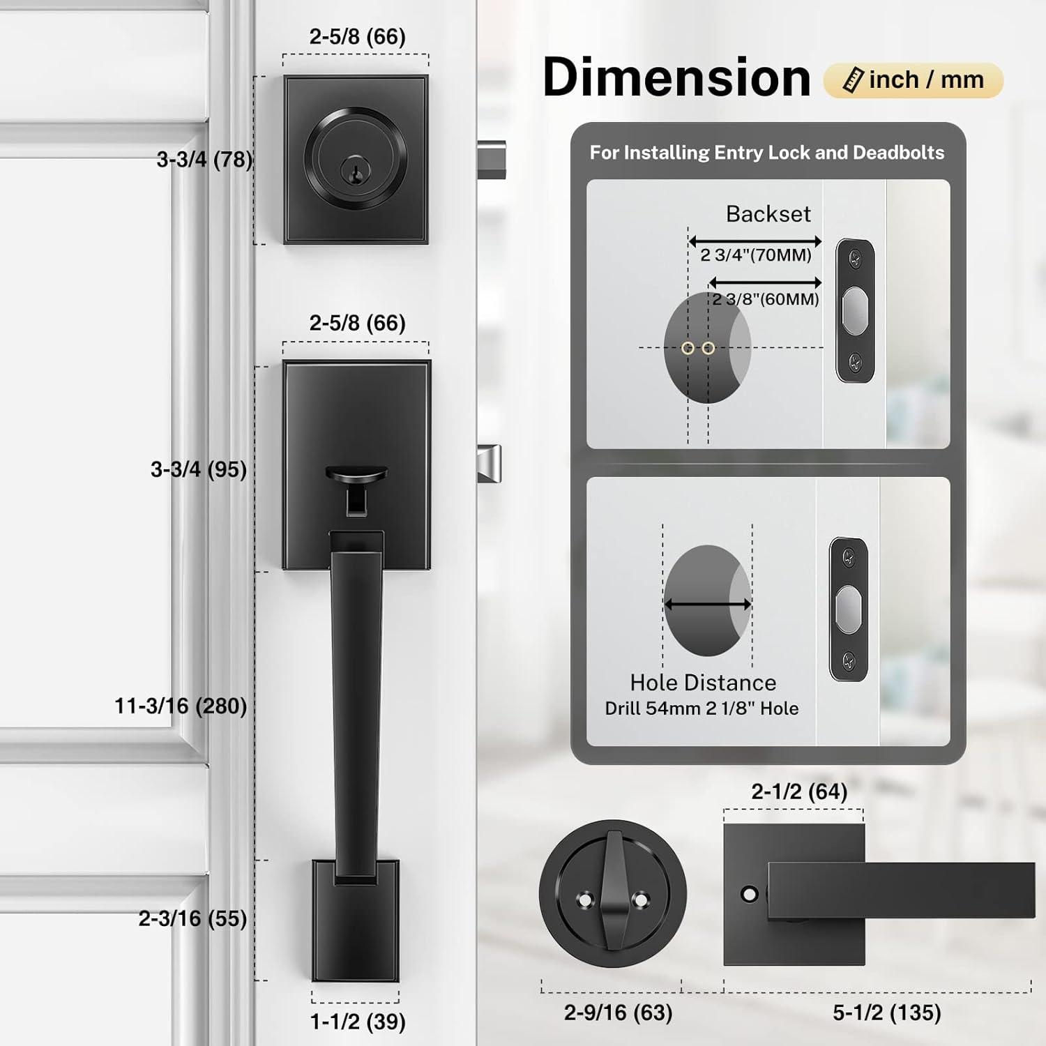 Front Door Lock Handle and Deadbolt Set,Exterior Door Handle with Door Lever,Modern Front Door Lock Set,Adjustable Deadbolt with Single Cylinder,Reversible for Right&Left