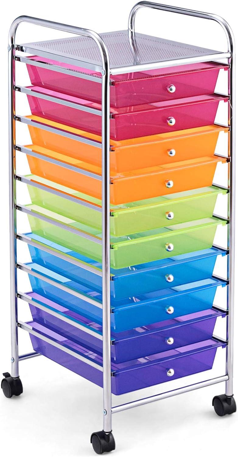 Multicolor 10-Drawer Rolling Storage Cart with Alloy Steel Frame