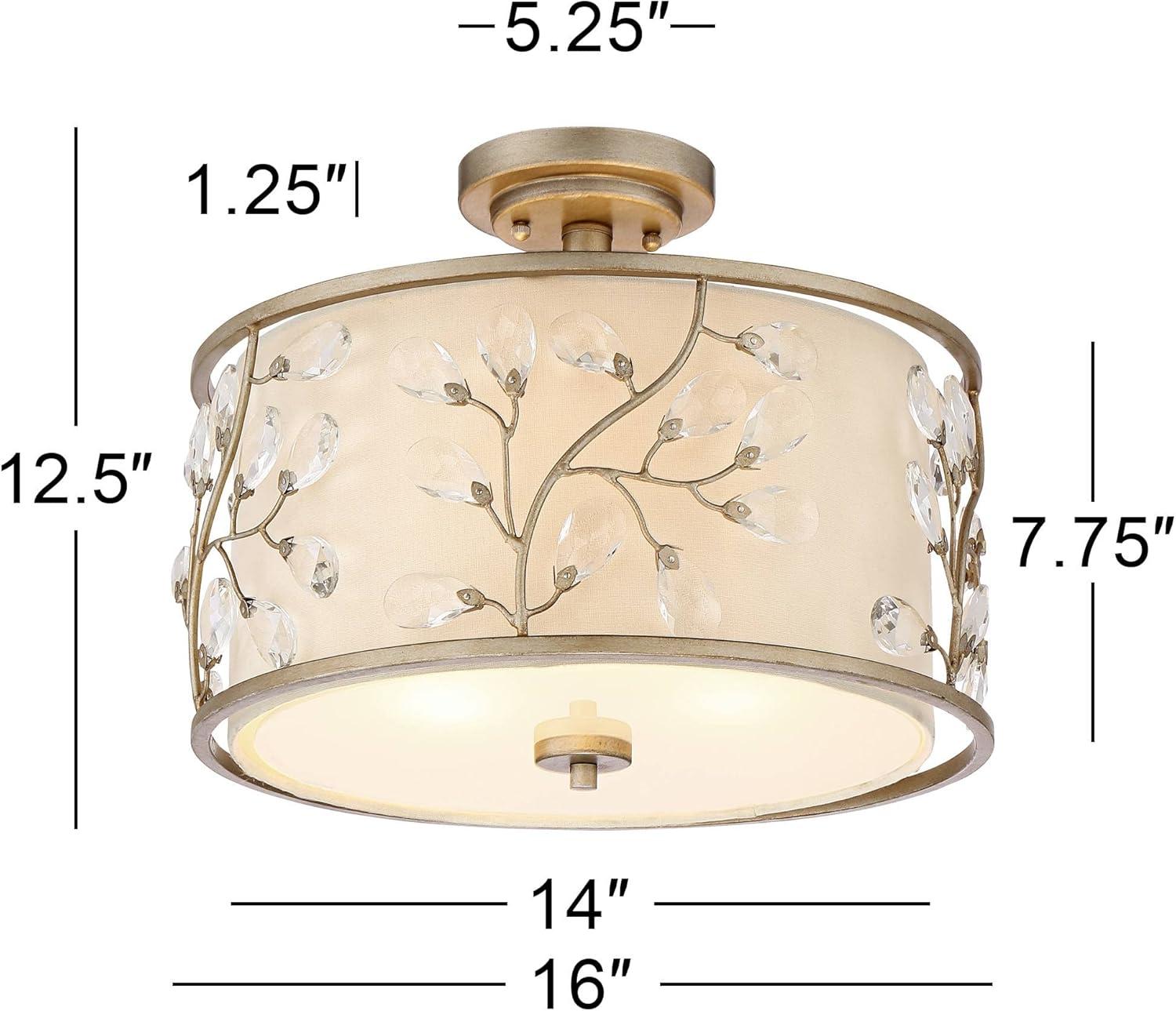 Barnes and Ivy Crystal Buds Vintage Ceiling Light Semi Flush Mount Fixture 16" Wide Antique Silver 3-Light Beige Fabric Drum Shade for Bedroom Kitchen