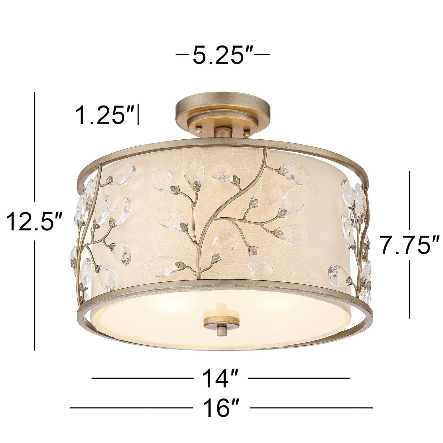 Barnes and Ivy Crystal Buds Vintage Ceiling Light Semi Flush Mount Fixture 16" Wide Antique Silver 3-Light Beige Fabric Drum Shade for Bedroom Kitchen