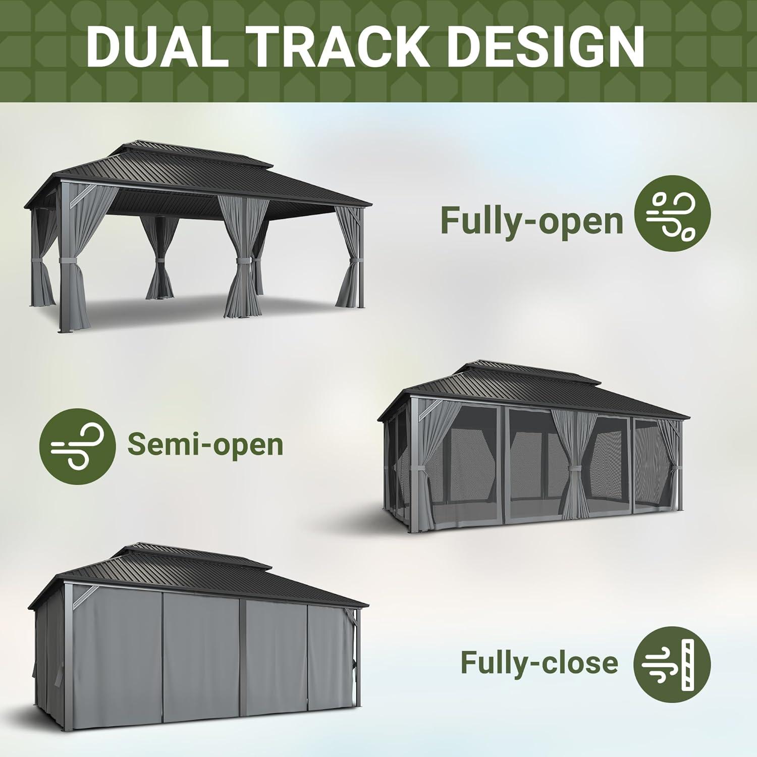 Ulax Furniture 10Ft x 12Ft Patio Hardtop Gazebo Outdoor Aluminum Pergola with Galvanized Steel Double Roof Canopy, Polyester Curtain and Mosquito Net, 10, Brown