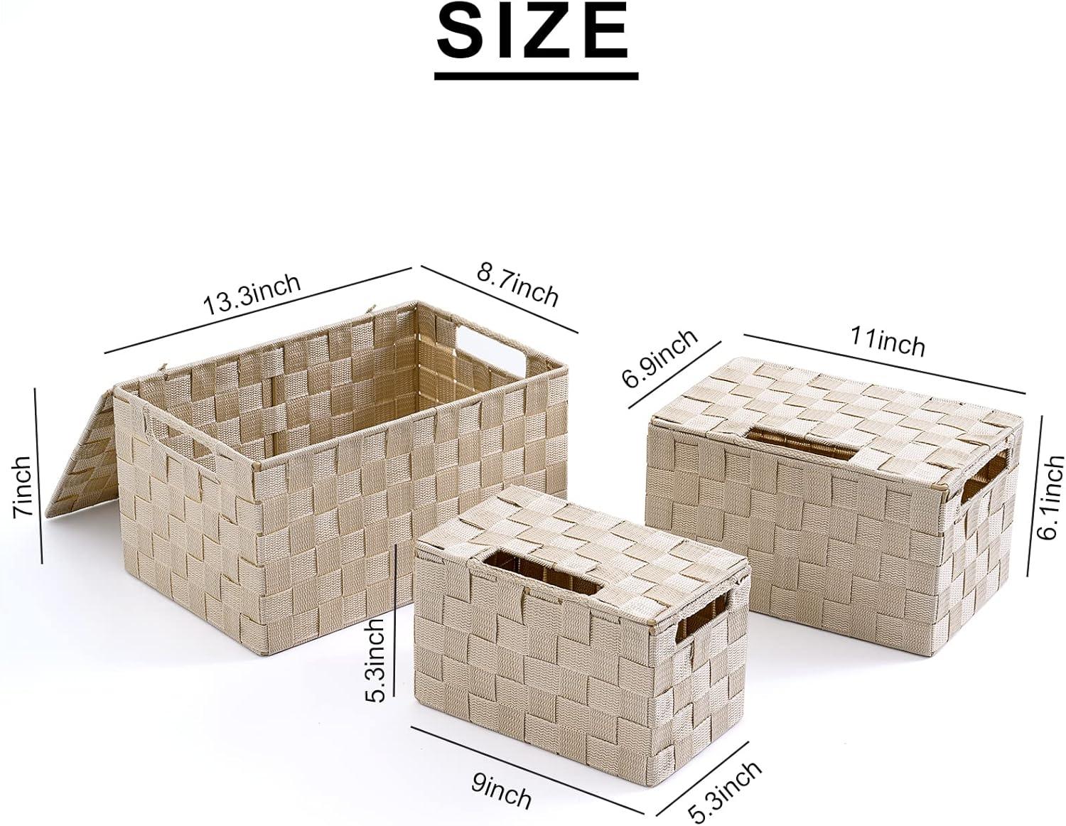 Beige Woven Square Storage Basket Set with Lids