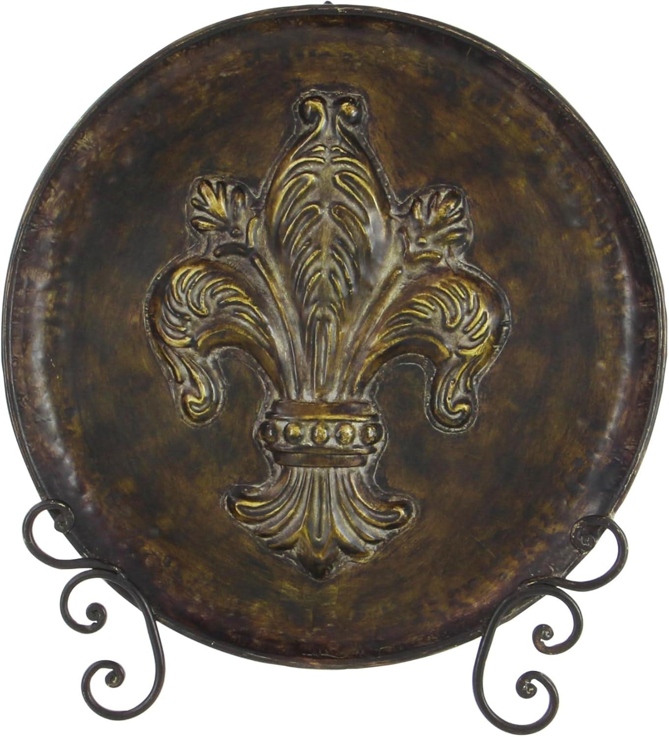 DecMode 14" Round Fleur De Lis Embossed Detail Brown Metal Charger with Stand