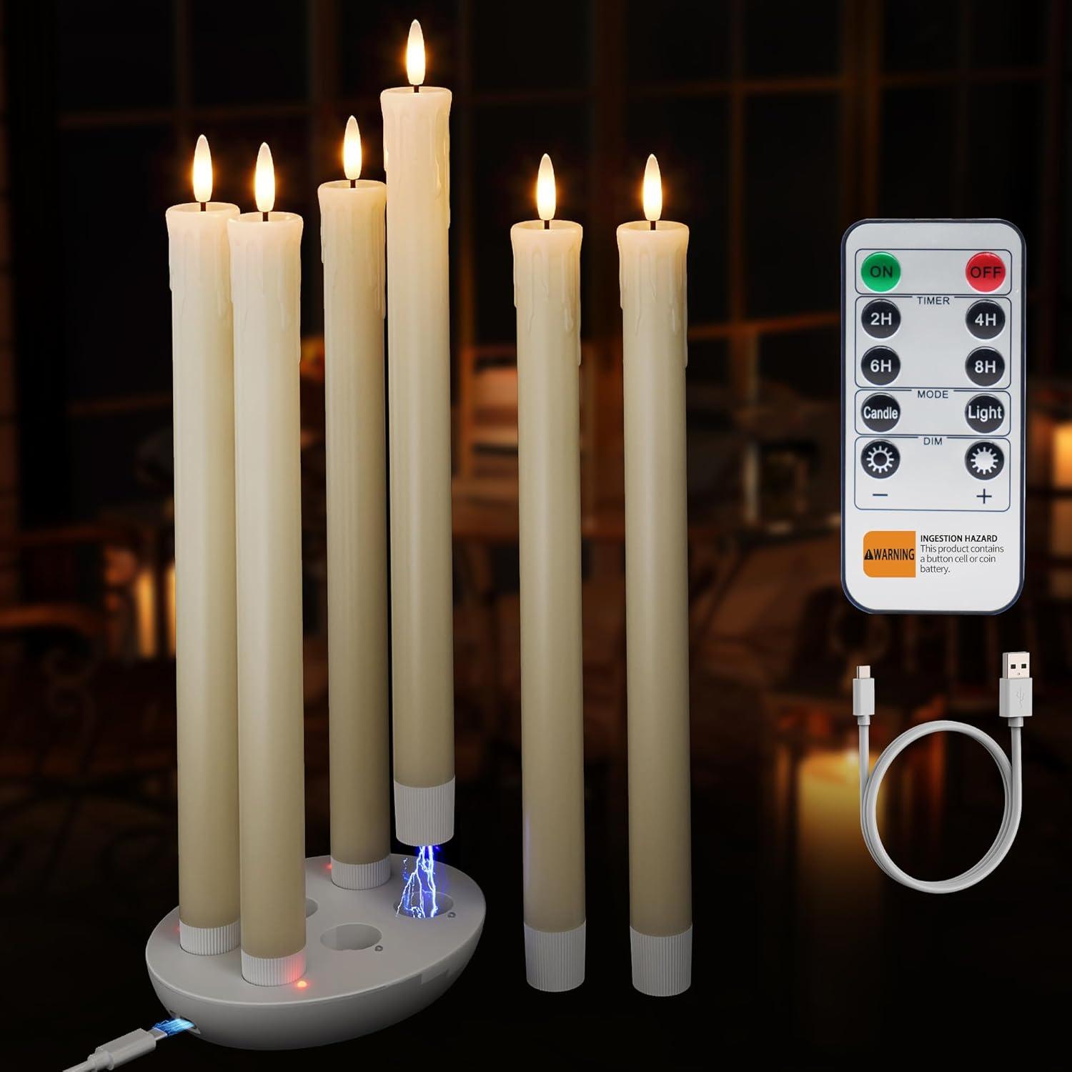 Rechargeable Flameless Taper Candles With Charging Station, 6 Pcs Real Wax LED Taper Candles Flickering With Remote&Timer, 3D Flame Candlesticks For Home Wedding Christmas Decor