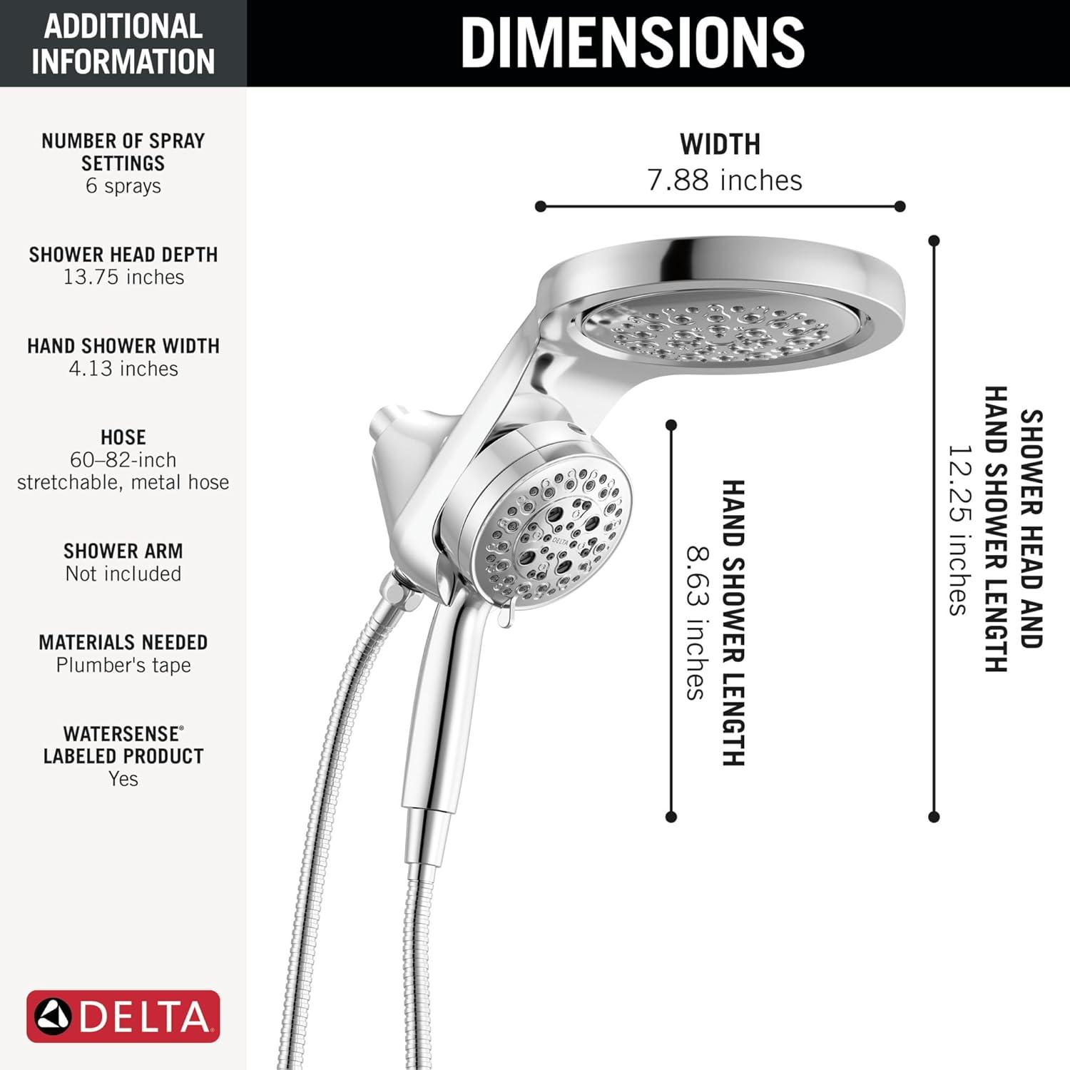 6-Setting HydroRain 2-in-1 Dual Shower Head with ProClean Spray, 1.75 GPM