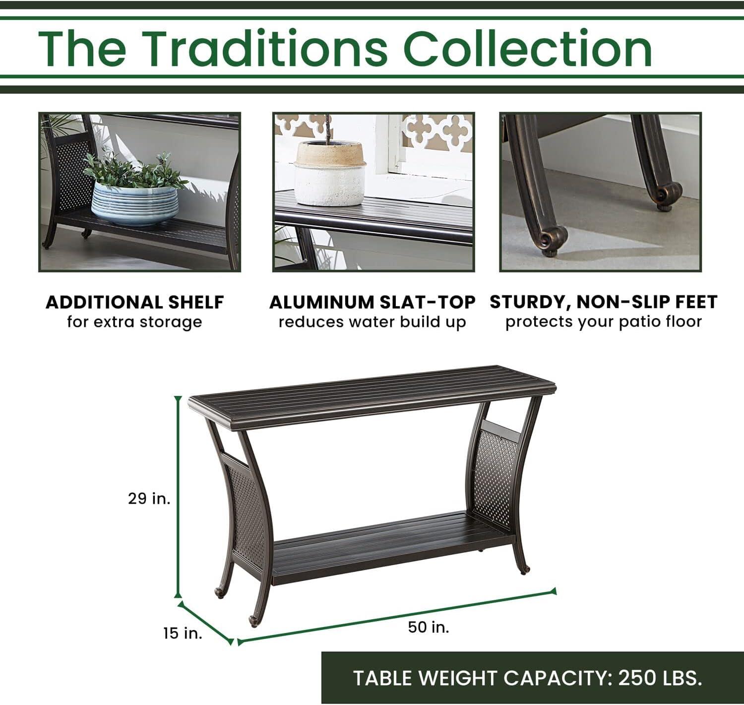 Hanover Traditions Outdoor Patio 50" Slat Top Console Table, 2 Shelf, Brushed Bronze Finish, Rust-Resistant, All-Weather - TRADCONTBL