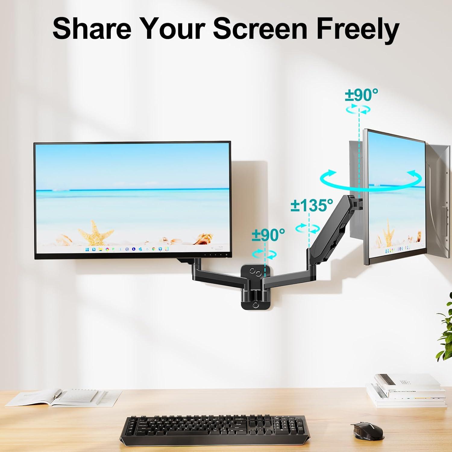 Black Dual Arm Full Motion Wall Monitor Mount with Gas Spring