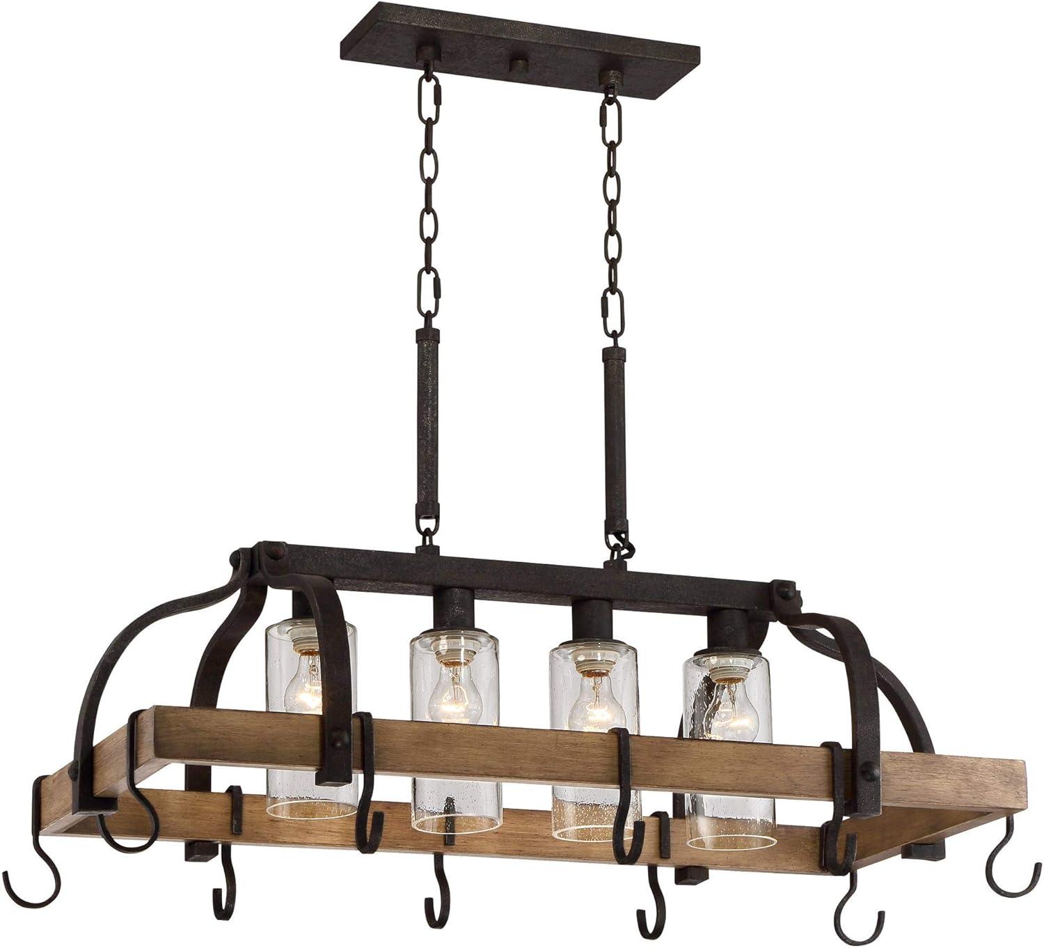 Eldridge Bronze and Wood Pot Rack Chandelier with Seeded Glass