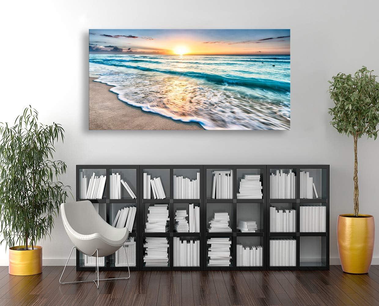 Shiartex Canvas Prints Wall Art Beach Sunset Ocean Waves Nature Pictures Stretched Pictures to Photo Paintings on Canvas for Home Office Decorations Wall Décor -20x16 In