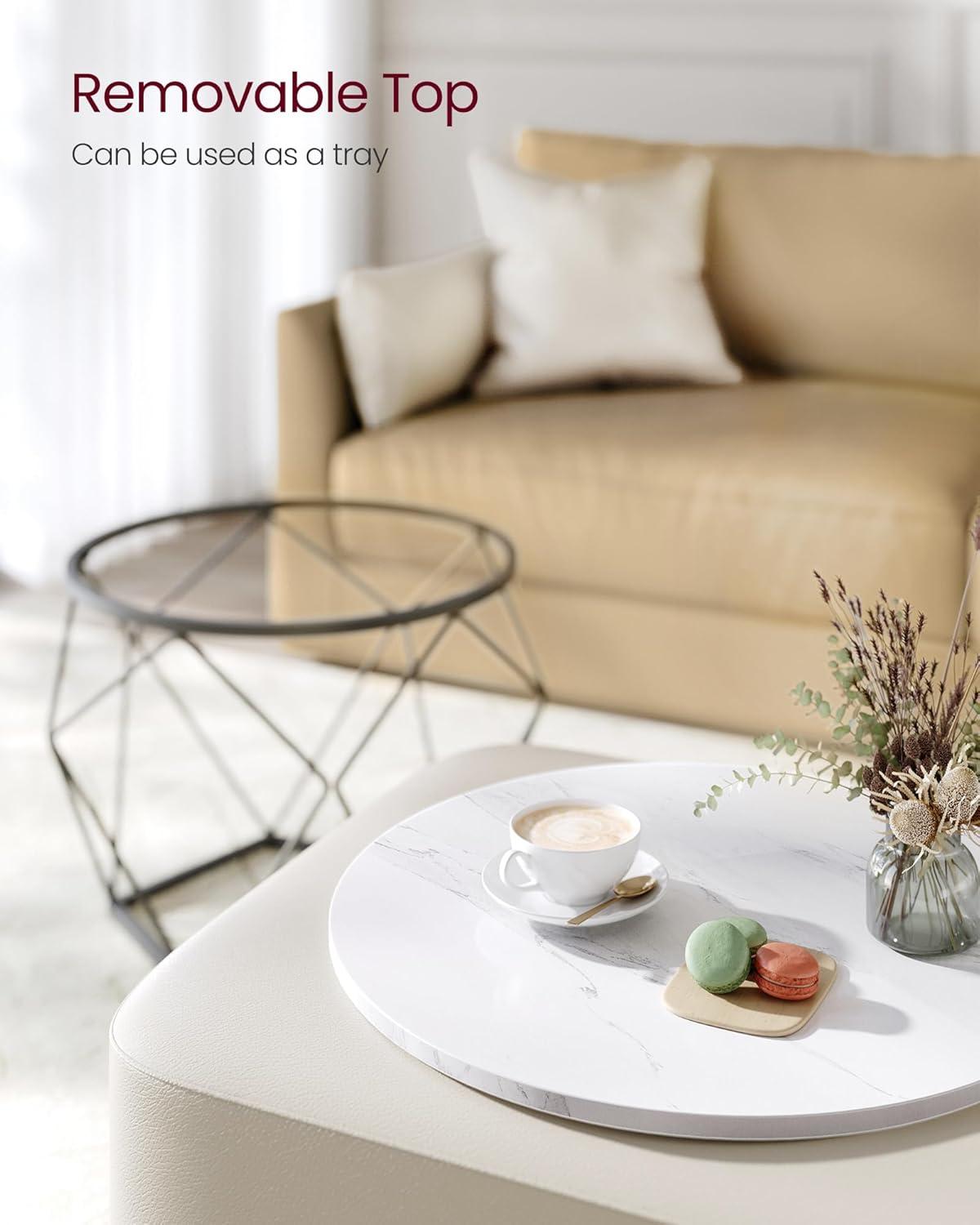 VASAGLE Small Coffee Table Set of 2, Round Coffee Table with Steel Frame, Side End Table for Living Room, Bedroom, Office, Marble White and Ink Black