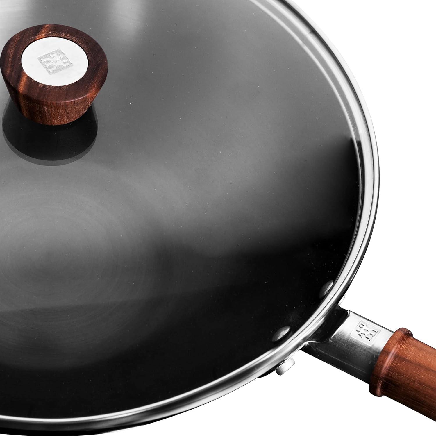 Zwilling 12-Inch Black Carbon Steel Wok with Walnut Handle