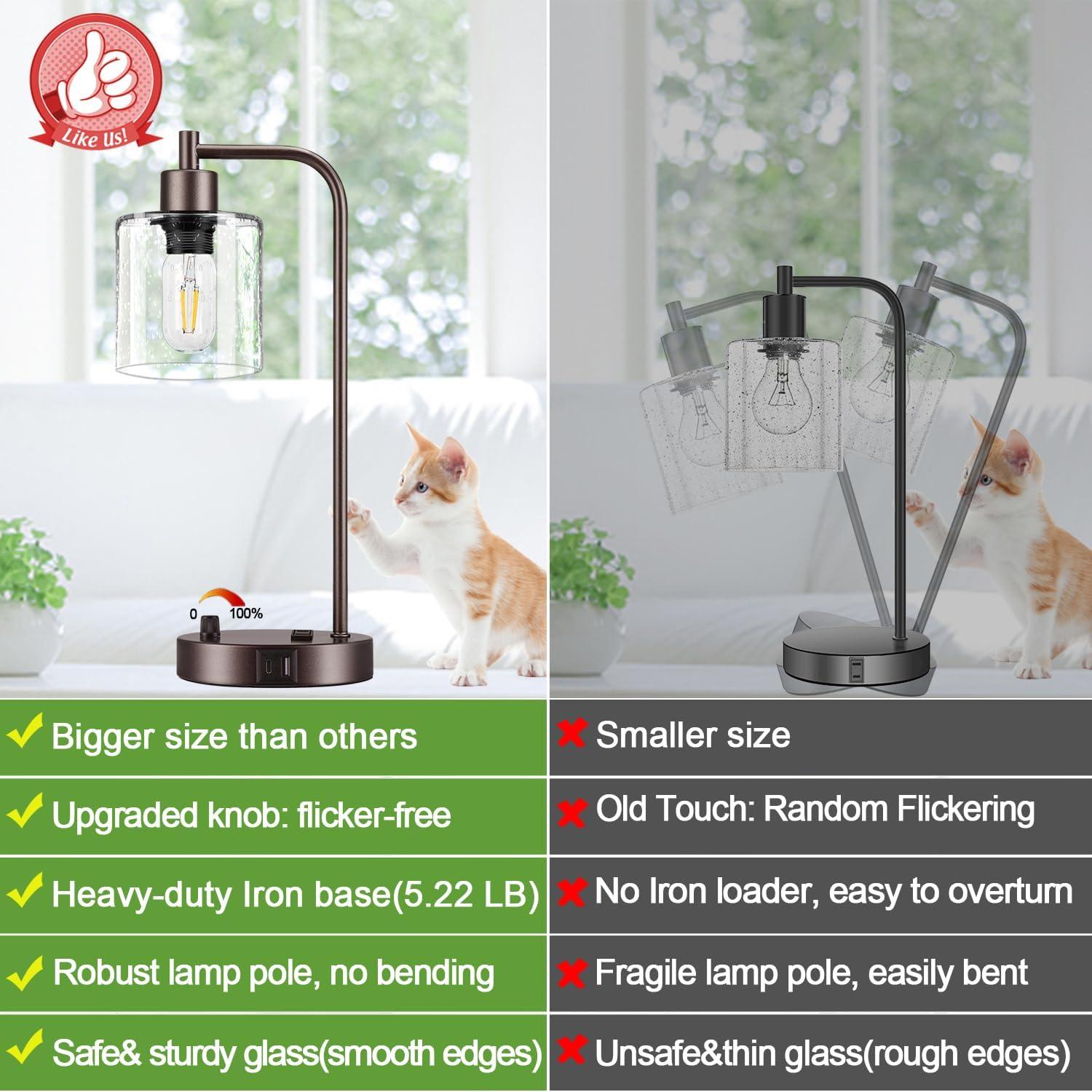 【Upgraded】Set of 2 Industrial Table Lamps with 2 USB Port, Fully Stepless Dimmable Bedside Lamps for Bedroom, Nightstand Desk Lamps with Glass Shade for Bedroom Living Room Office 2 LED Bulb Included