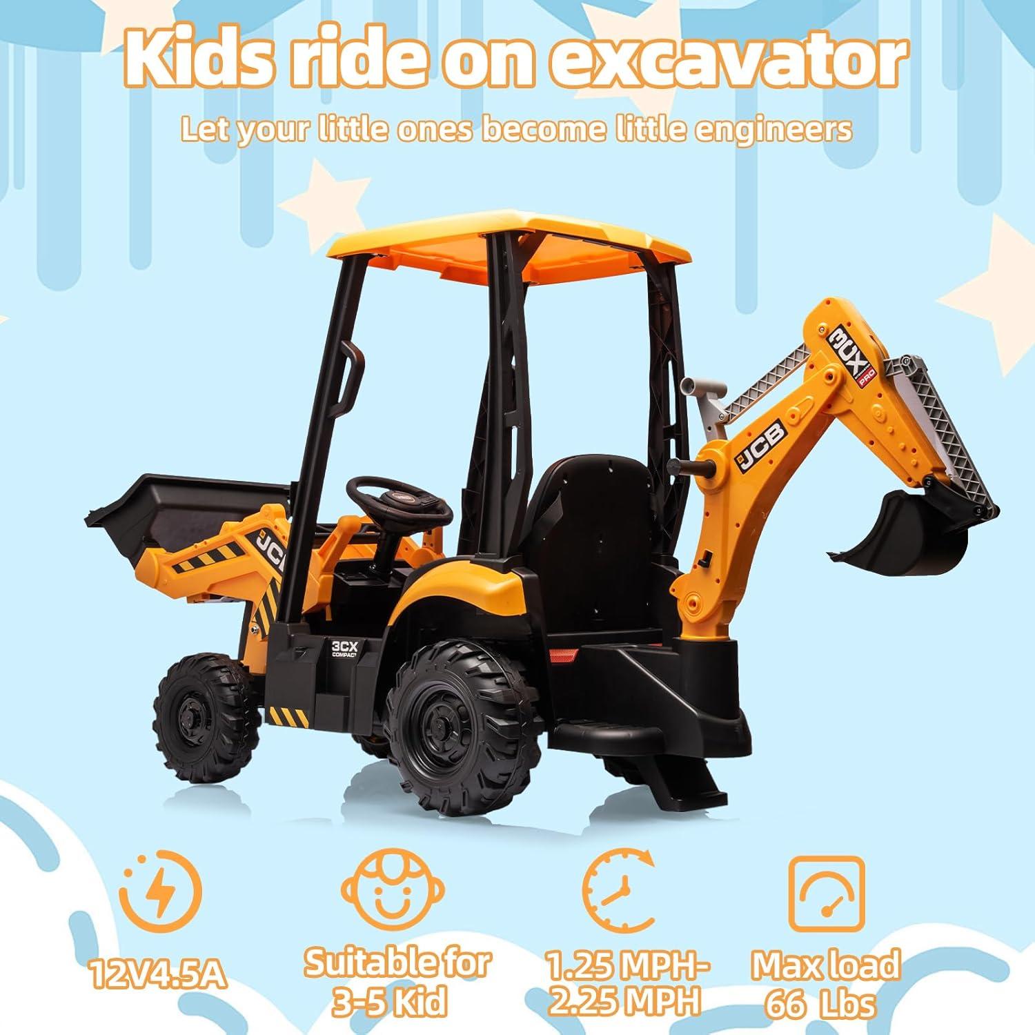 EastVita 12V Ride on Toys Tractor, Kids Ride on Car Toy Excavator Bulldozer, 12V Digger w/Trailer, Shovel Bucket, Digger, Remote Control, EVA Tires, LED Lights, Music, USB