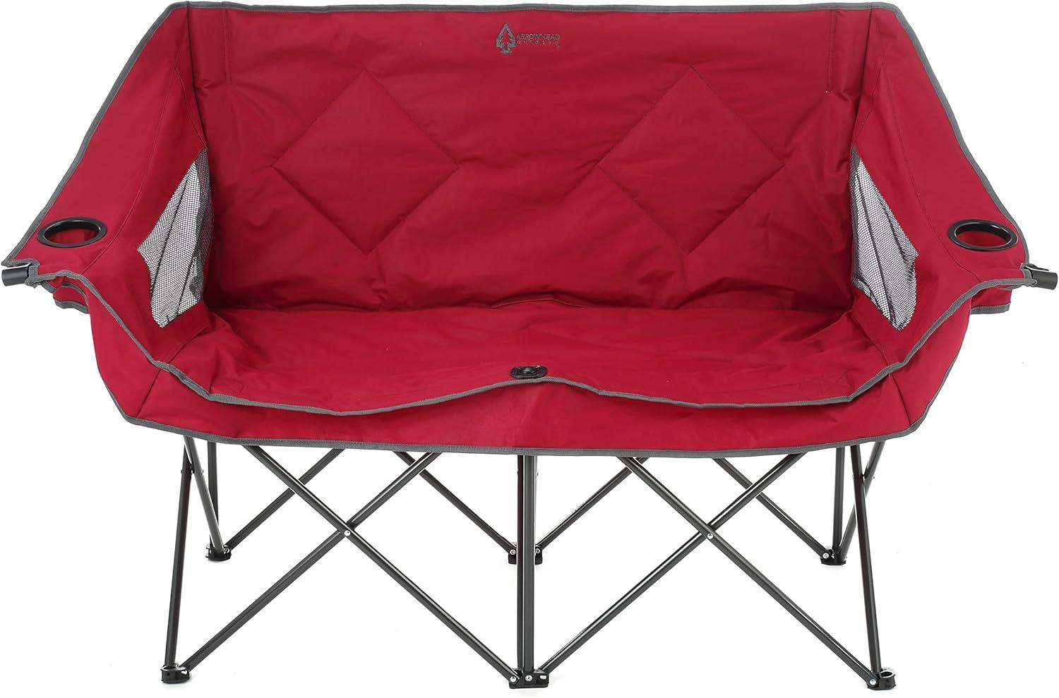 ARROWHEAD OUTDOOR Portable Folding Double Duo Camping Chair Loveseat w/ 2 Cup & Wine Glass Holder, Heavy-Duty Carrying Bag, Padded Seats & Armrests, Supports up to 500lbs, USA-Based Support (Red)