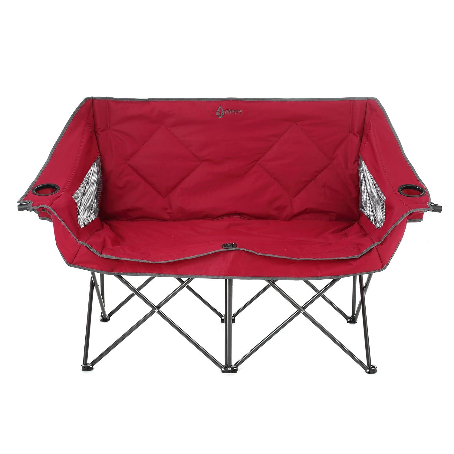 ARROWHEAD OUTDOOR Portable Folding Double Duo Camping Chair Loveseat w/ 2 Cup & Wine Glass Holder, Heavy-Duty Carrying Bag, Padded Seats & Armrests, Supports up to 500lbs, USA-Based Support (Red)