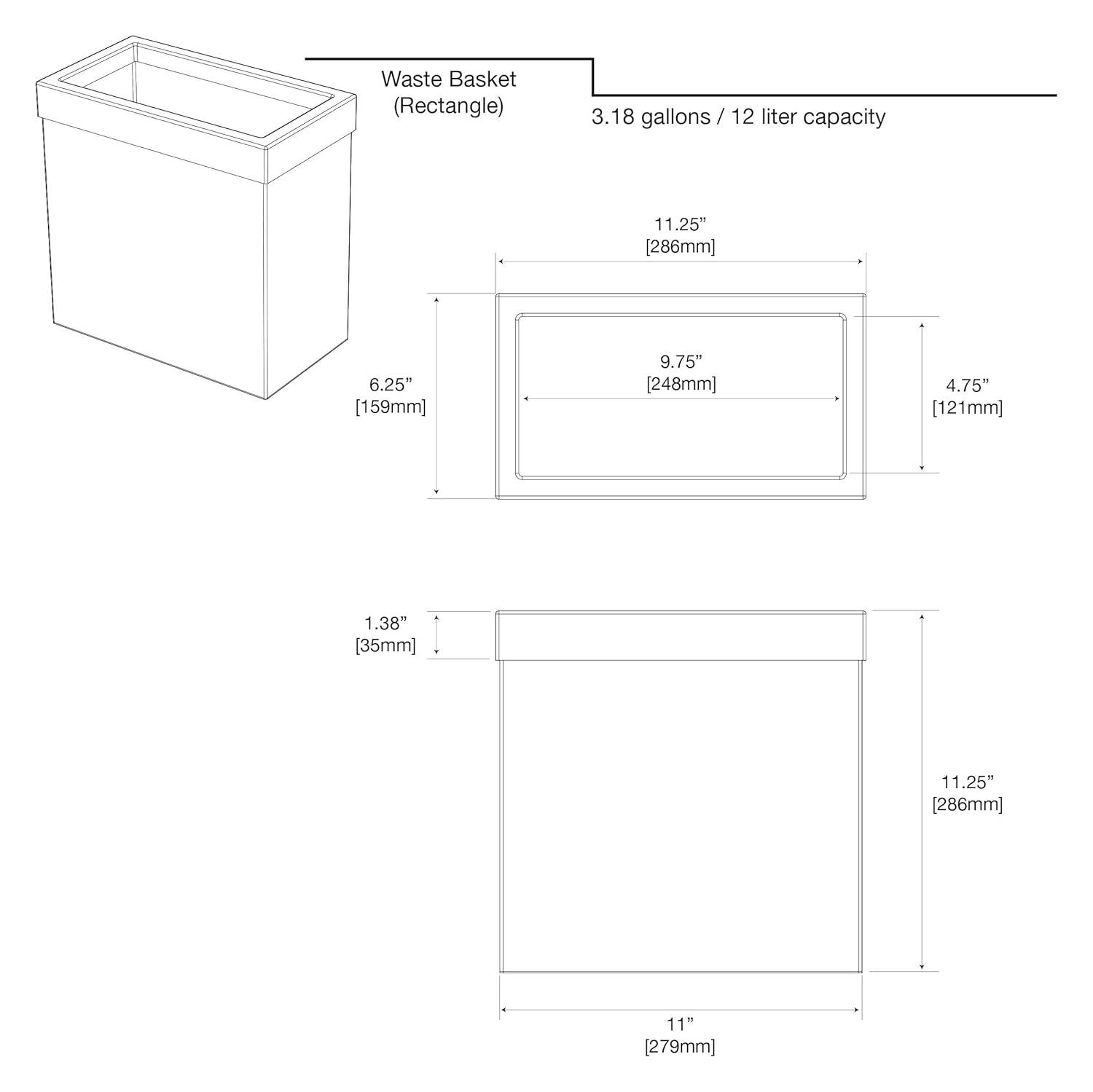 Elevate Stainless Steel 3.18 Gallon Rectangle Waste Basket Open Removable Lid