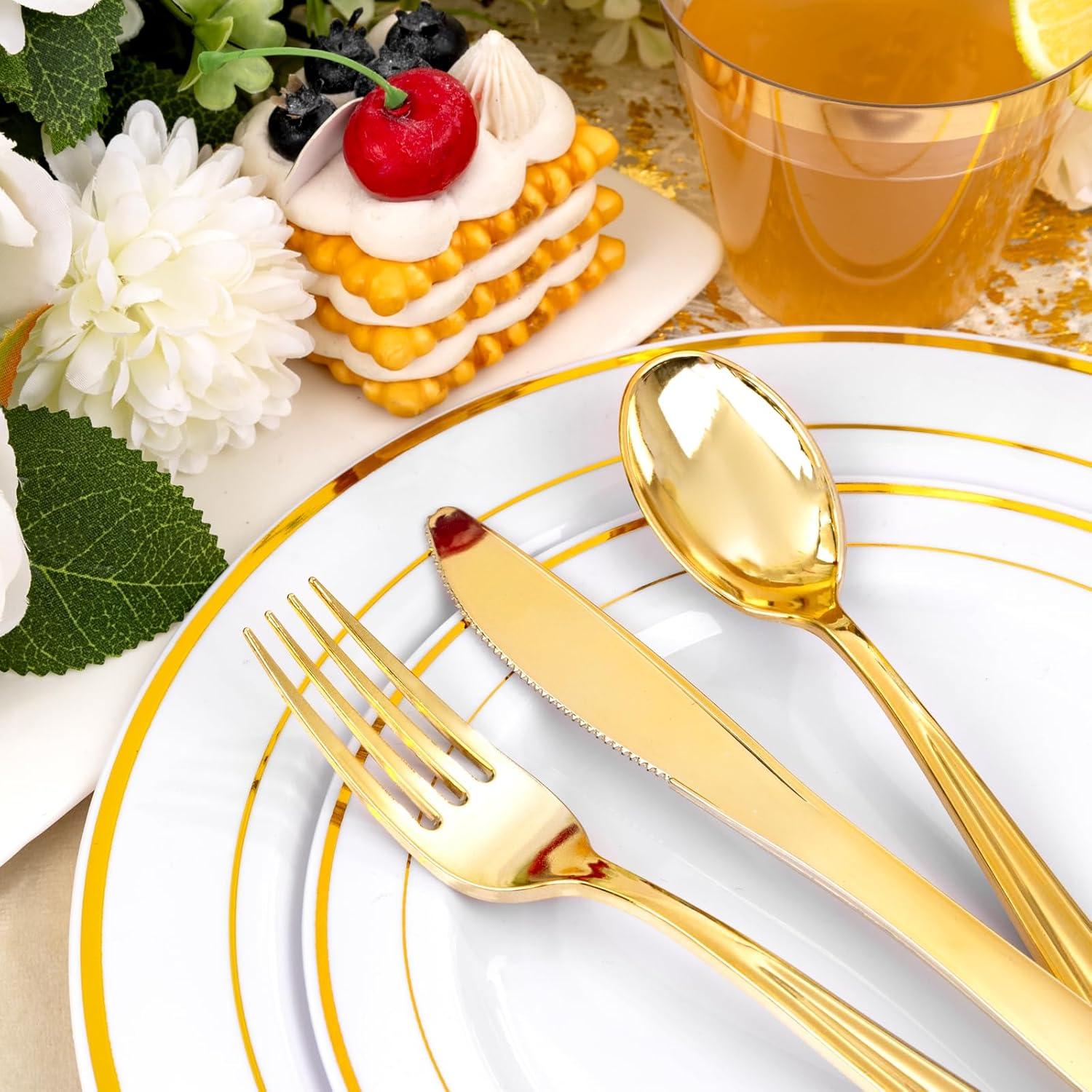 FOCUSLINE 350 Piece Gold Rim Dinnerware Set, Disposable Plastic Plates for Party or Wedding-100 Plastic Plates-50 Plastic Silverware-50 Plastic Cups-50 Linen Feel Napkins(50 Guest)