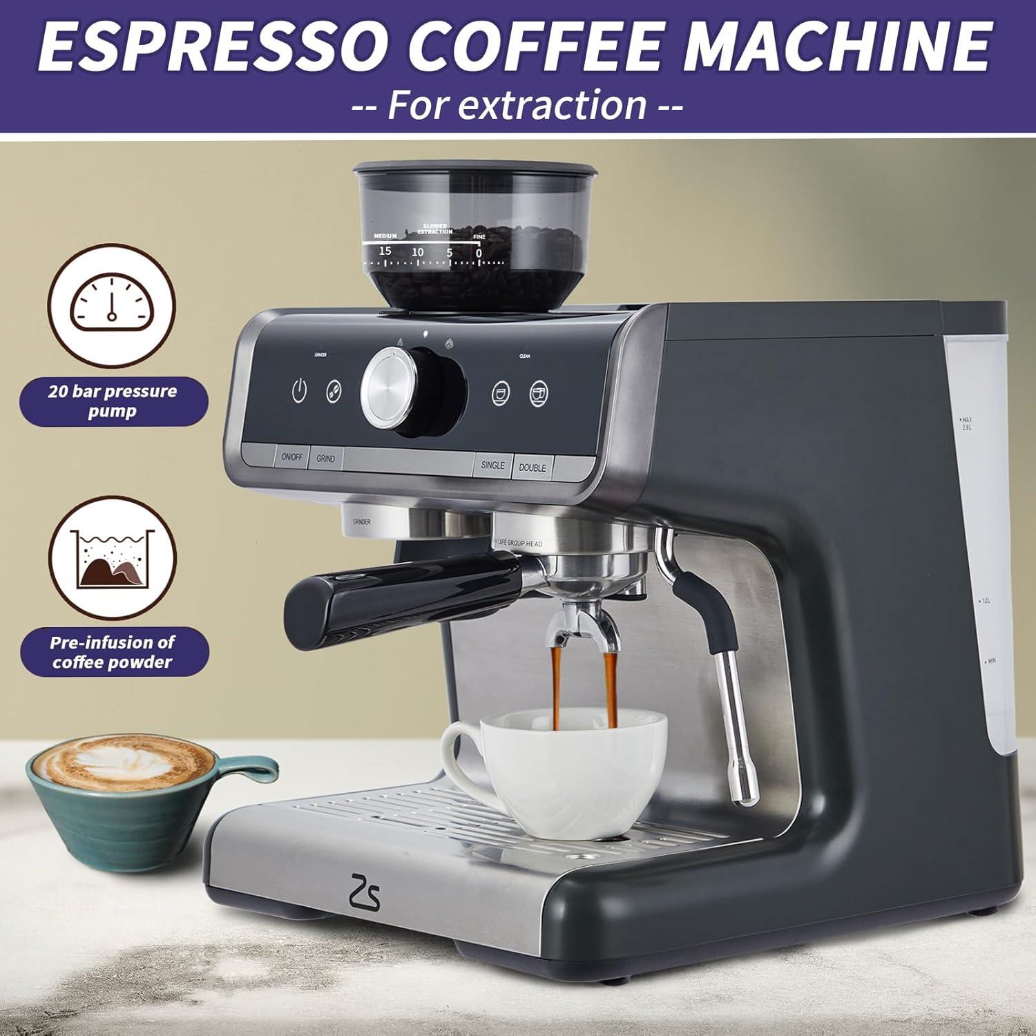 Espresso Machine, 20 Bar Coffee Maker with Milk Frother Steam Wand, Semi-Automatic Coffee Machine for Cappuccino, Latte, Fast Heating, Stainless Steel