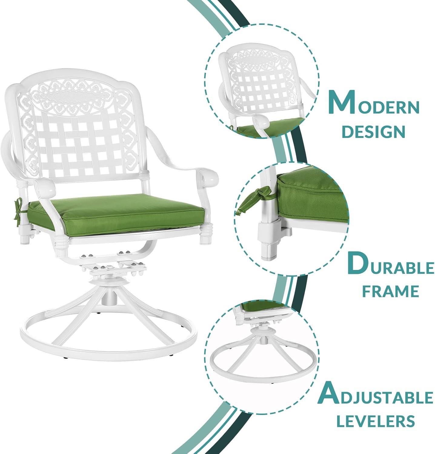 VIVIJASON Vivijason Patio Swivel Dining Chairs Set Of 2, All Weather Cast Aluminum Outdoor Dining Rocker Chairs, Patio Furniture Chair Set With Cushion For Balcony, Lawn, Garden, Backyard, White/green Cushion