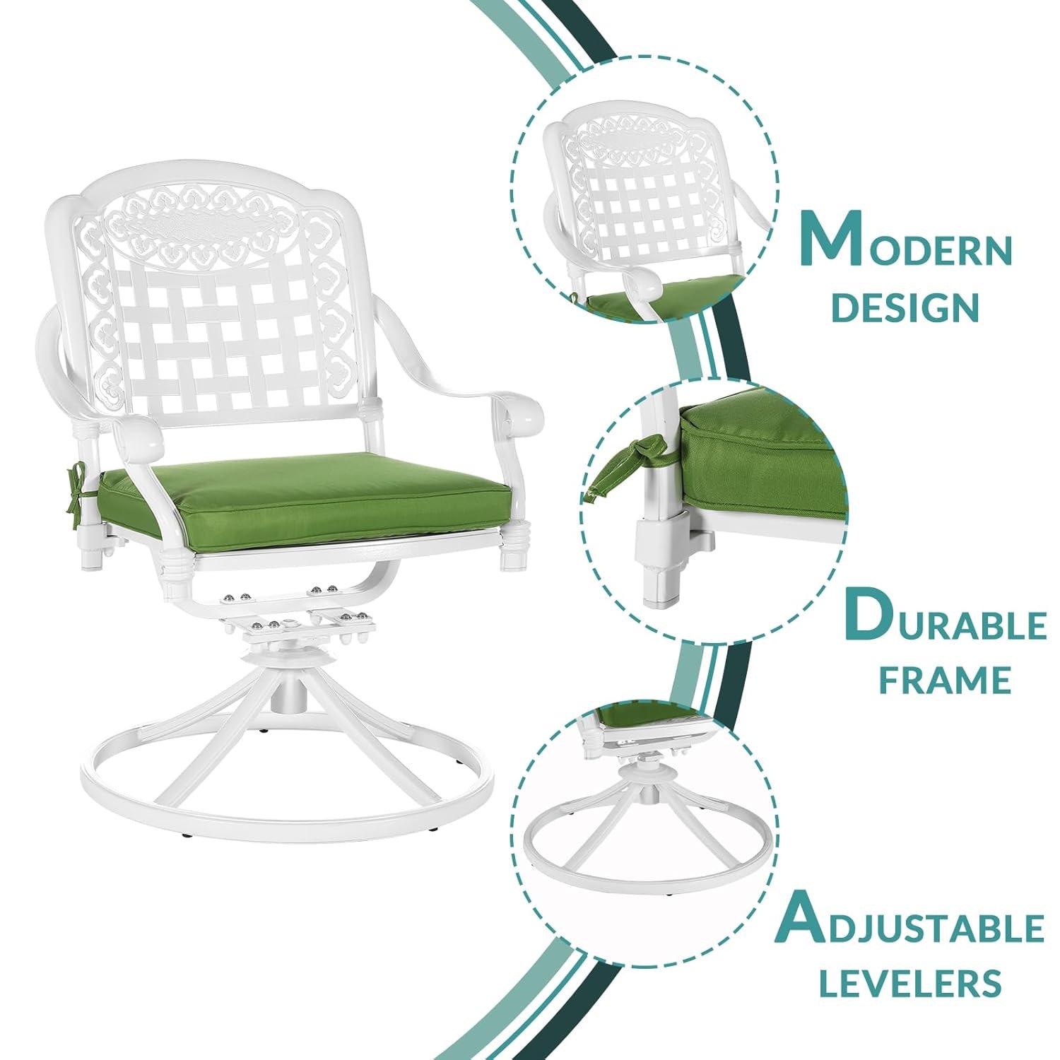 VIVIJASON Vivijason Patio Swivel Dining Chairs Set Of 2, All Weather Cast Aluminum Outdoor Dining Rocker Chairs, Patio Furniture Chair Set With Cushion For Balcony, Lawn, Garden, Backyard, White/green Cushion