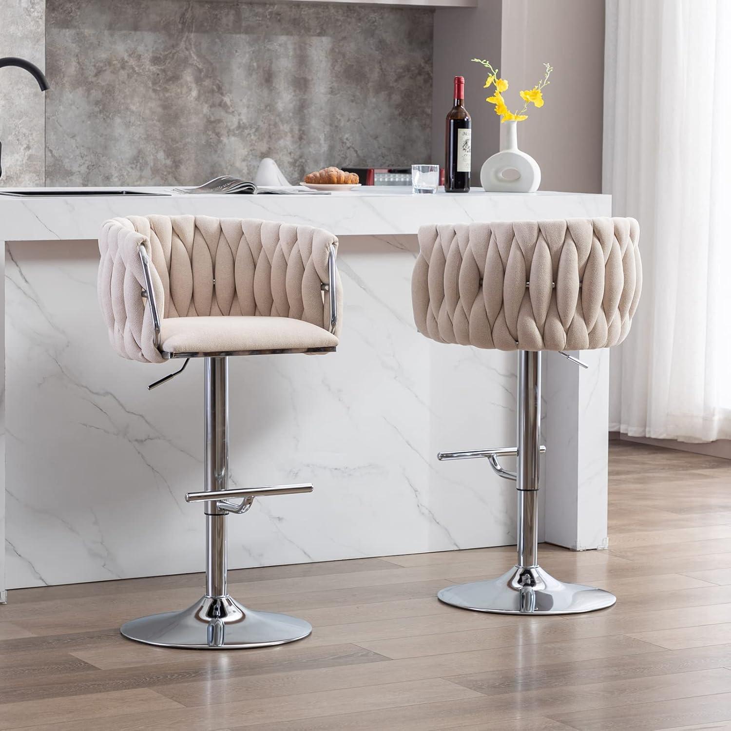 Everly Quinn Swivel Adjustable Height Bar Stool Modern Velvet Barstool with Barrel Back Kitchen Island Counter Bar Chair with Golden Base