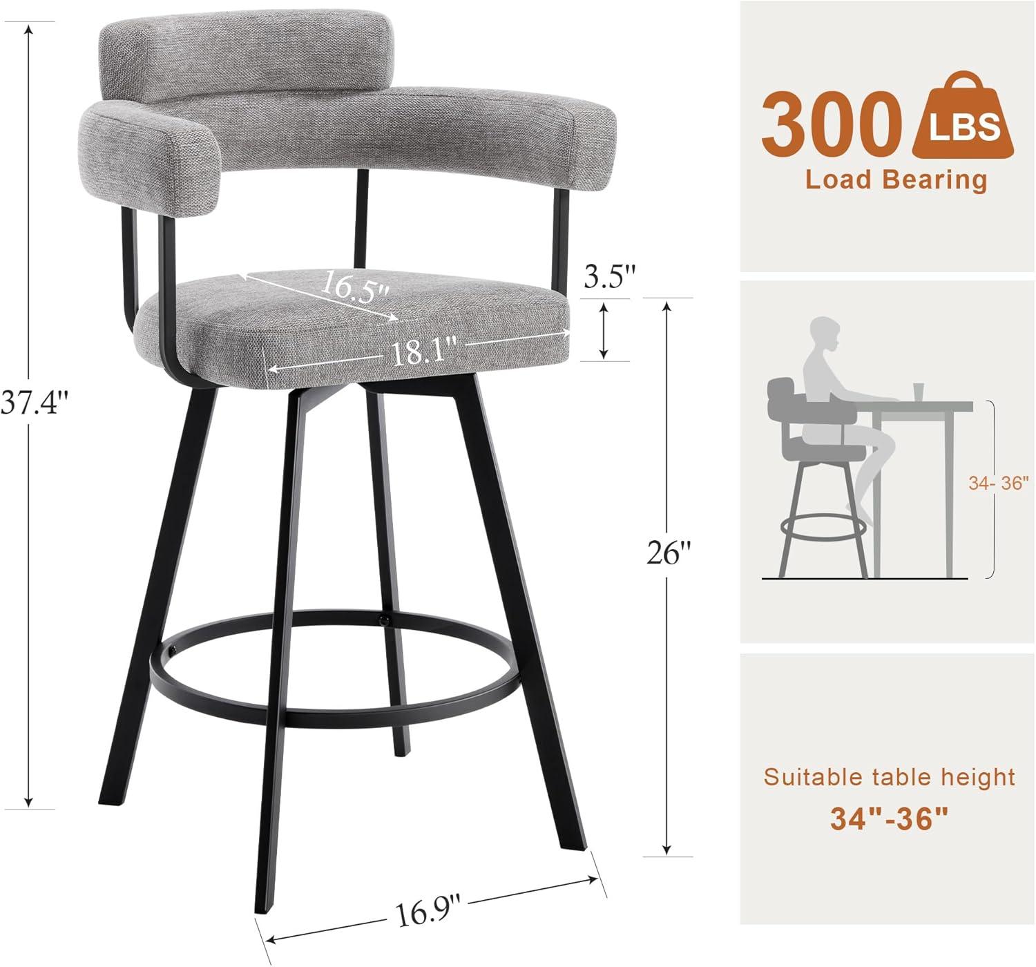 Rabassa Swivel Upholstered 26" Linen Counter Stool with Curved Wing Back and Metal Frame