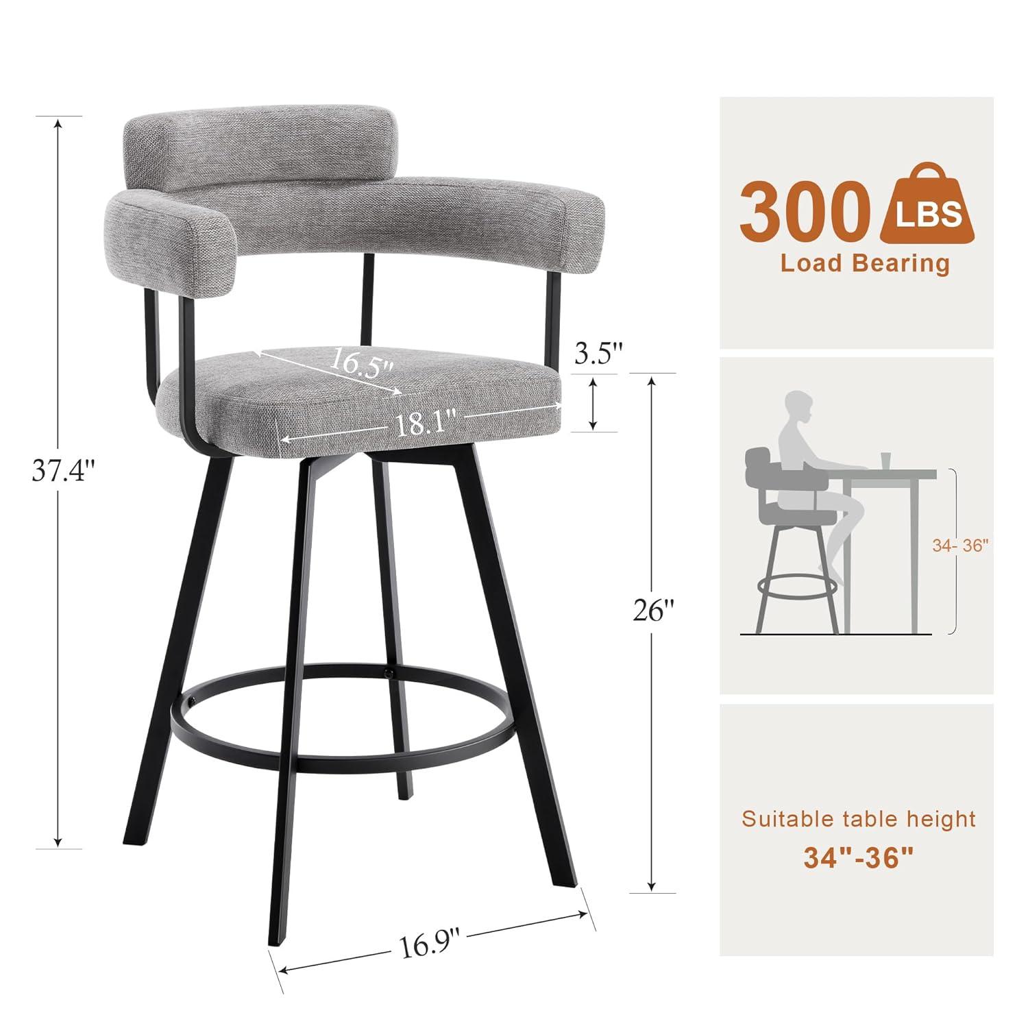 Rabassa Swivel Upholstered 26" Linen Counter Stool with Curved Wing Back and Metal Frame