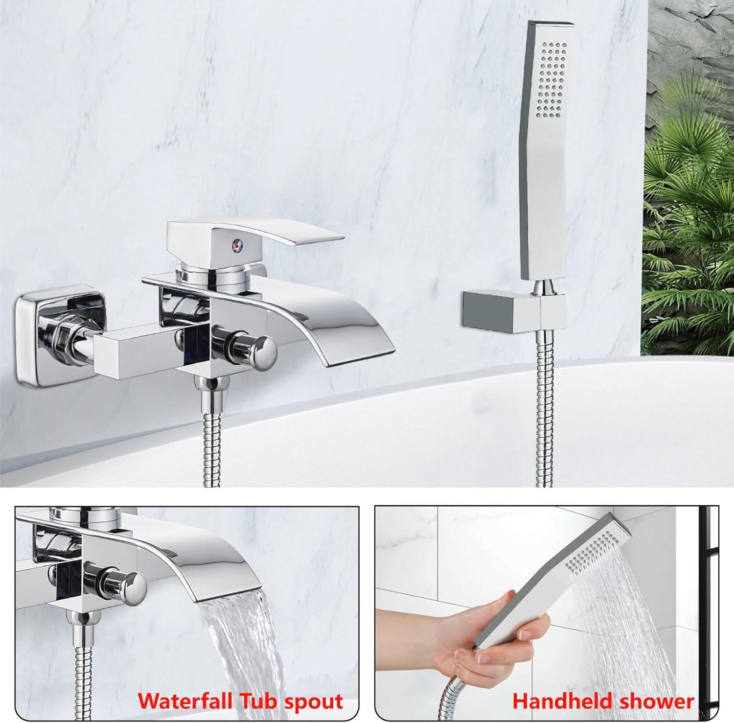 Midanya Wall Mount Bathtub Faucet with Handheld Spray Waterfall Tub Filler Single Handle Bathroom Tub Mixer Tap Hand-Shower System with Curved Spout Commercial,Brushed Nickel