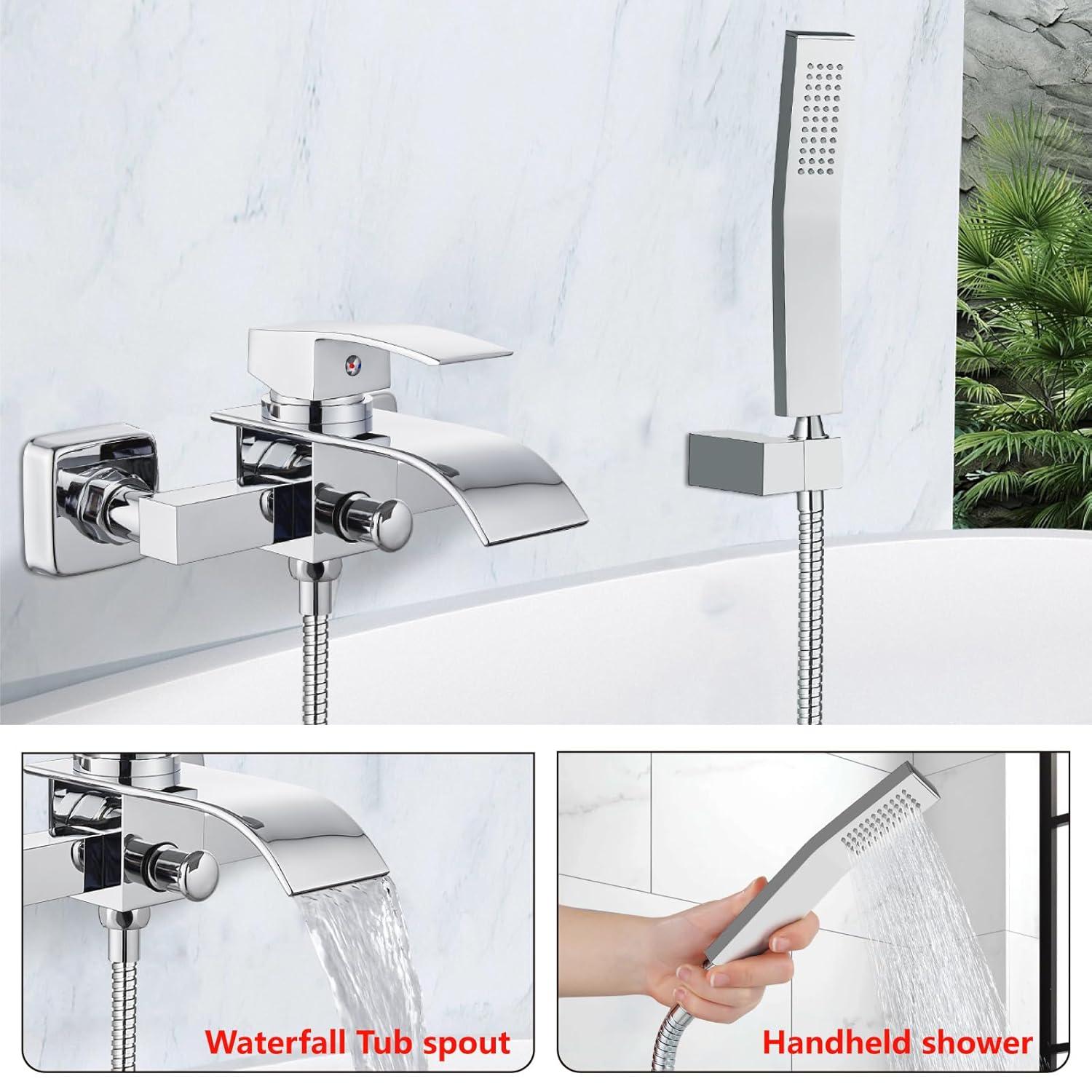 Midanya Wall Mount Bathtub Faucet with Handheld Spray Waterfall Tub Filler Single Handle Bathroom Tub Mixer Tap Hand-Shower System with Curved Spout Commercial,Brushed Nickel
