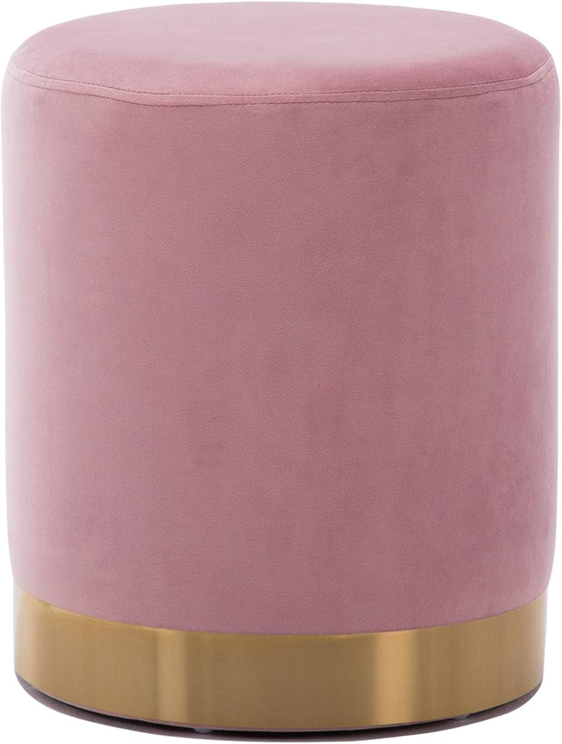 Velvet Fabric Upholstered Padded Round Pouf Ottoman, Pink