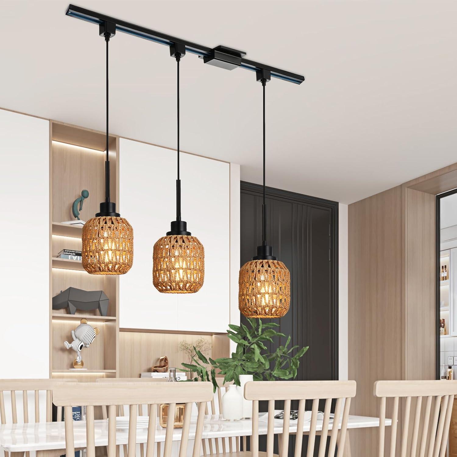 3-Pack H Type Track Lighting Pendants, Ceiling Track Hanging Light Fixture with Hand-Woven Rattan Shade, H-Type Tracking Boho Pendant Lighting Fixtures for Kitchen Island Dining Room, E26 Base