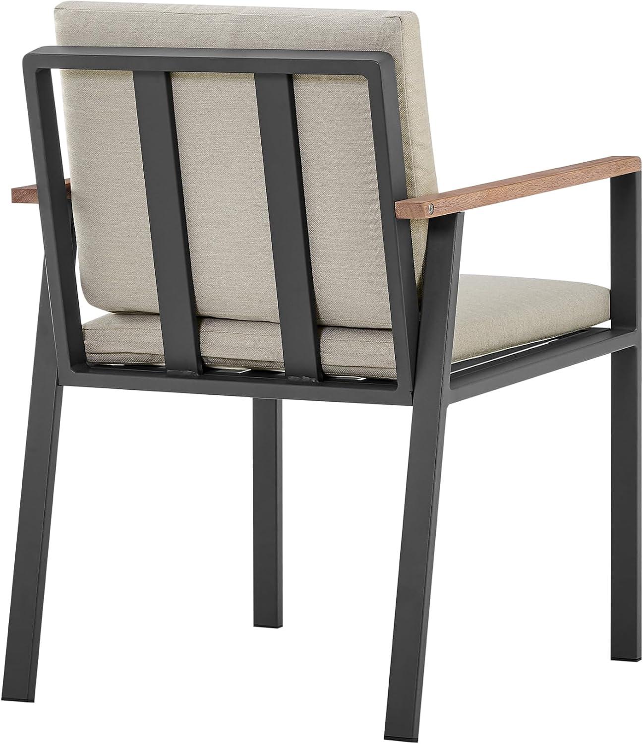 Armen Living Nofi Outdoor Patio Dining Chair in Charcoal Finish with Taupe Cushions and Teak Wood Accent Arms  - Set of 2