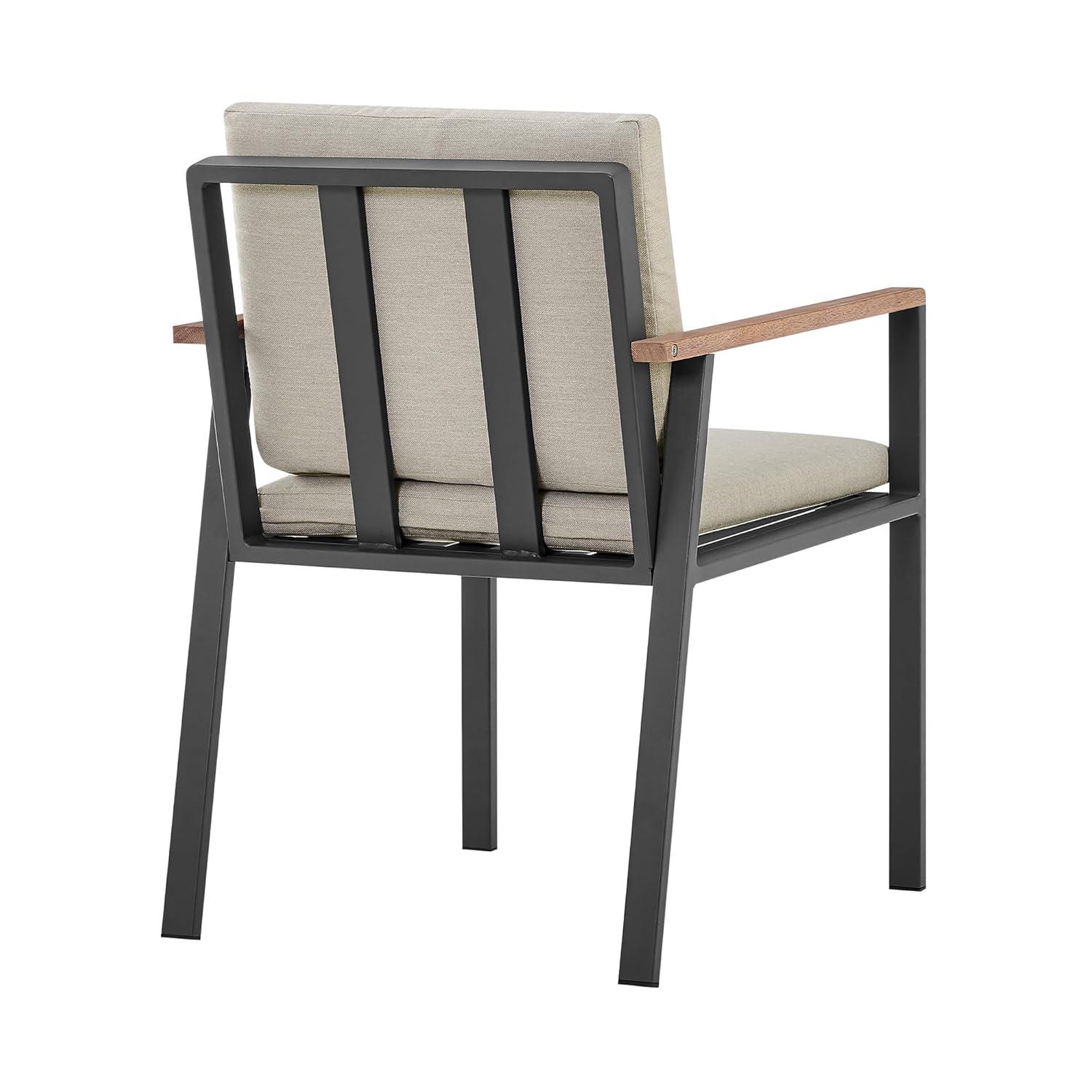 Armen Living Nofi Outdoor Patio Dining Chair in Charcoal Finish with Taupe Cushions and Teak Wood Accent Arms  - Set of 2