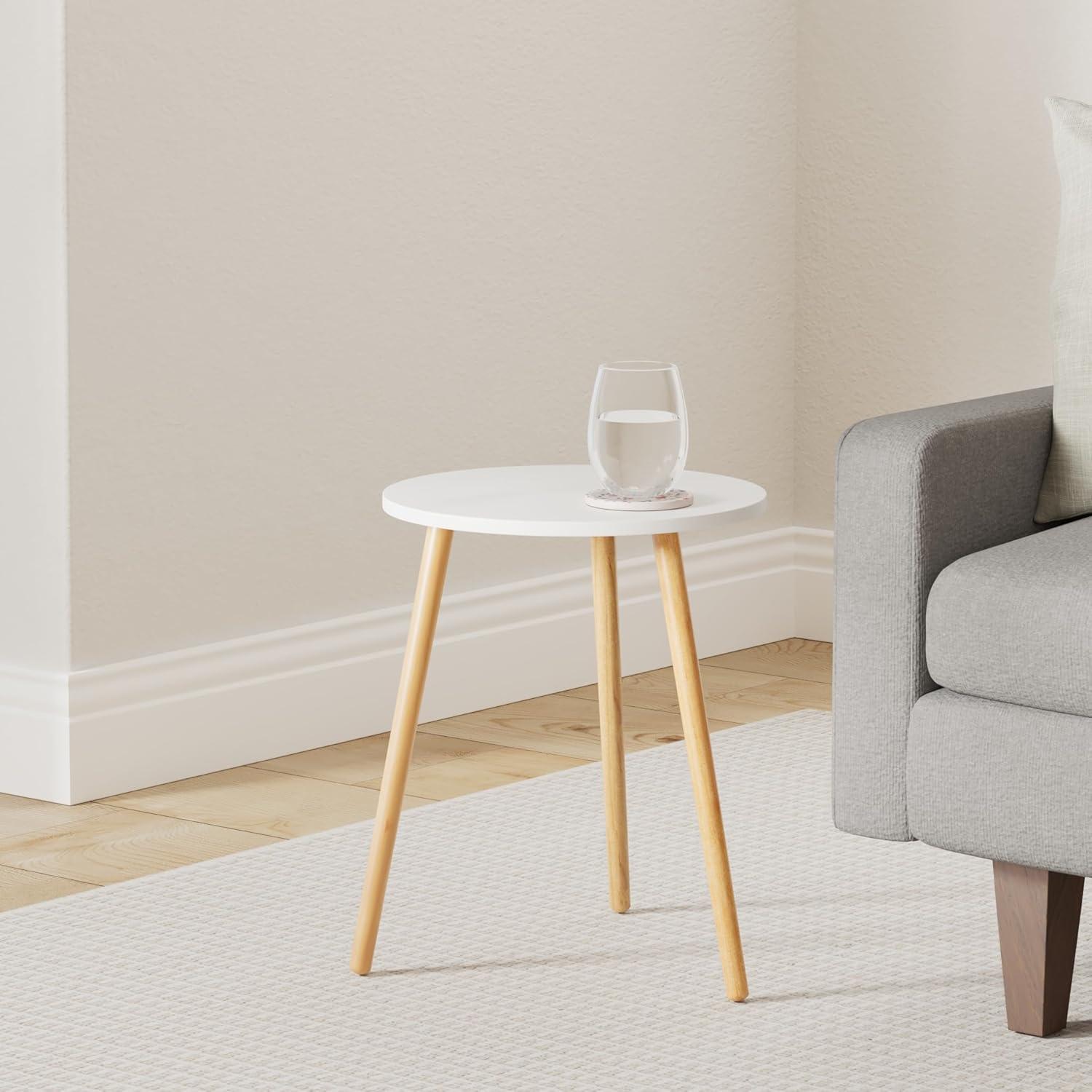 White Round MDF Side Table with Wooden Legs