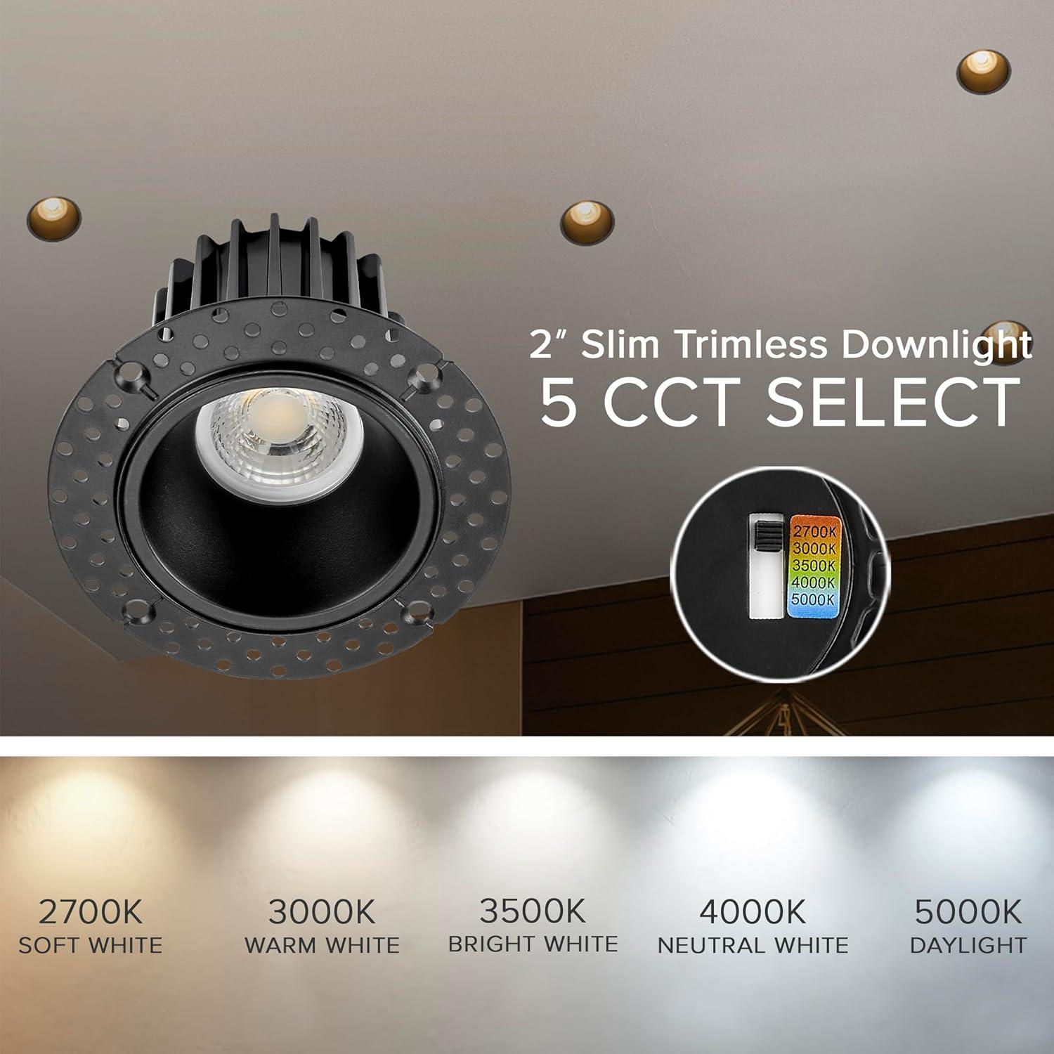 Maxxima 2 in. Trimless Slim Round Recessed Anti-Glare LED Downlight, Black, Canless IC Rated, 600 Lumens, 5 CCT 2700K-5000K