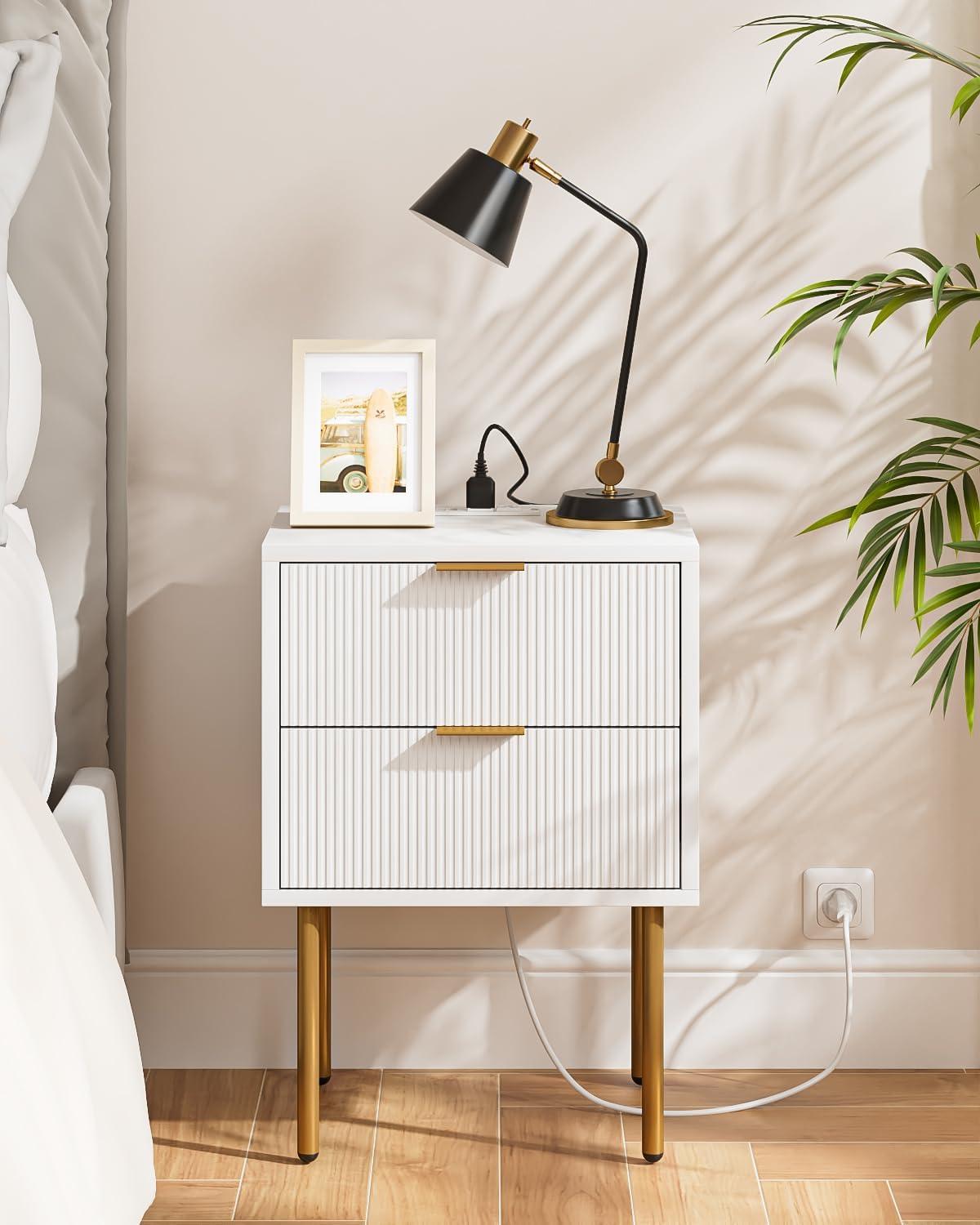 Nightstand with Charging Station,Small Bedside Table with Gold Frame,White Night Stand,Bedside Furniture,Side Table with Drawer for Bedroom,Living Room,Checkered (White, 1Drawer-Outlet)